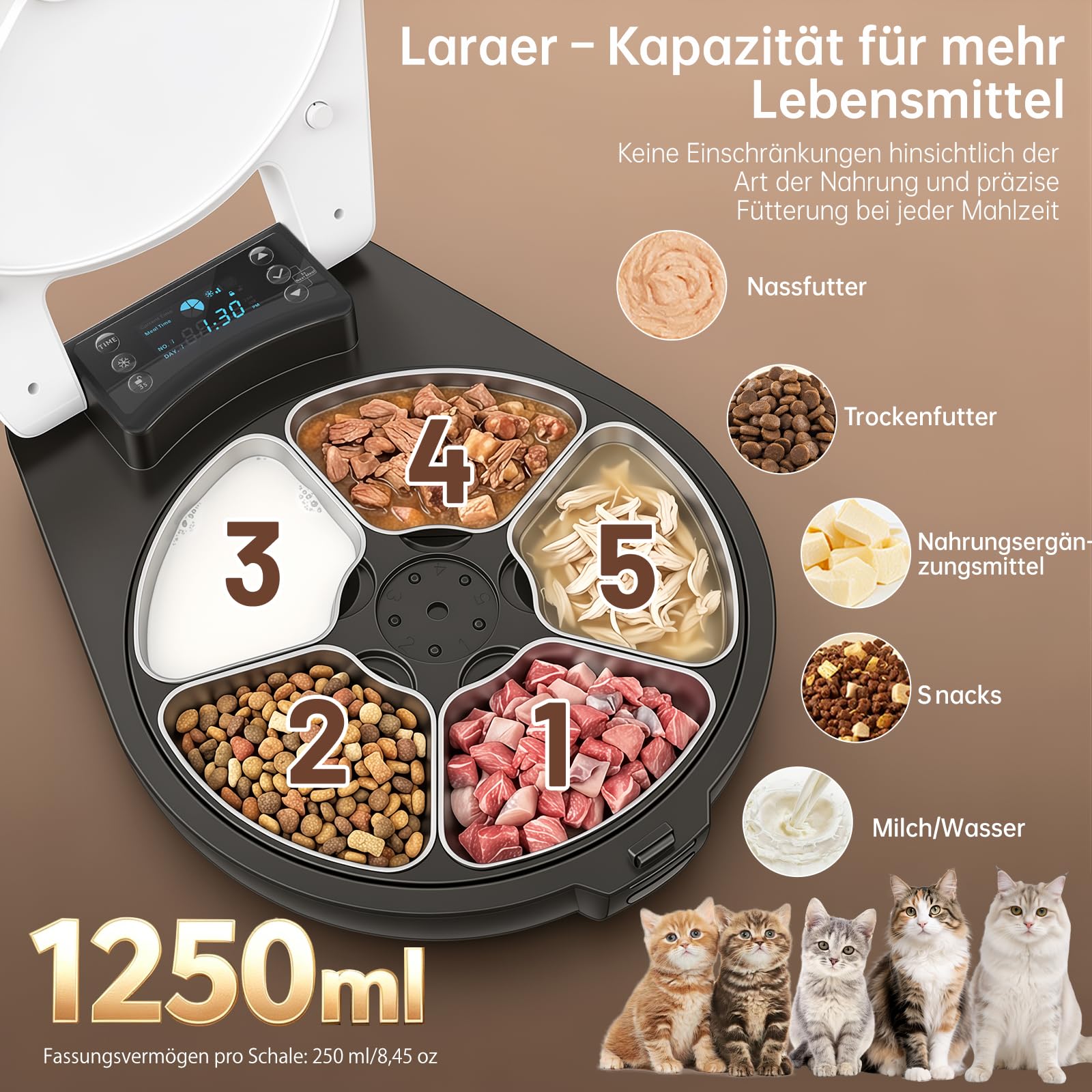 Comedero automático para gatos con refrigeración, función de temporización, 5 compartimentos, tecnología de refrigeración de semiconductores