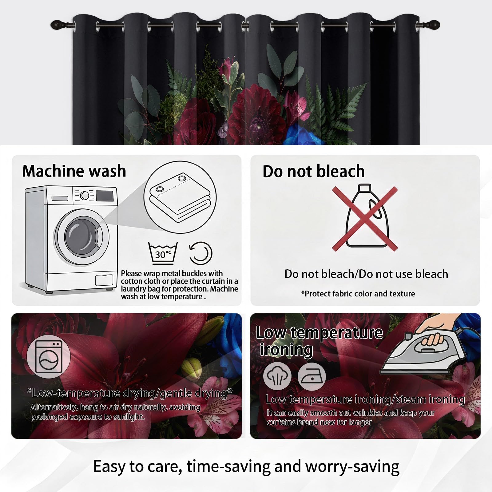 Rideaux Occultant Floral Art, Rideaux Occultant Rose Bordeaux & Dahlia Rideau Thermiques Isolant Anti Froid et Chaleur Rideau à Oeillets pour Salle À Manger, 2 PCS, 91.5L X 214H cm
