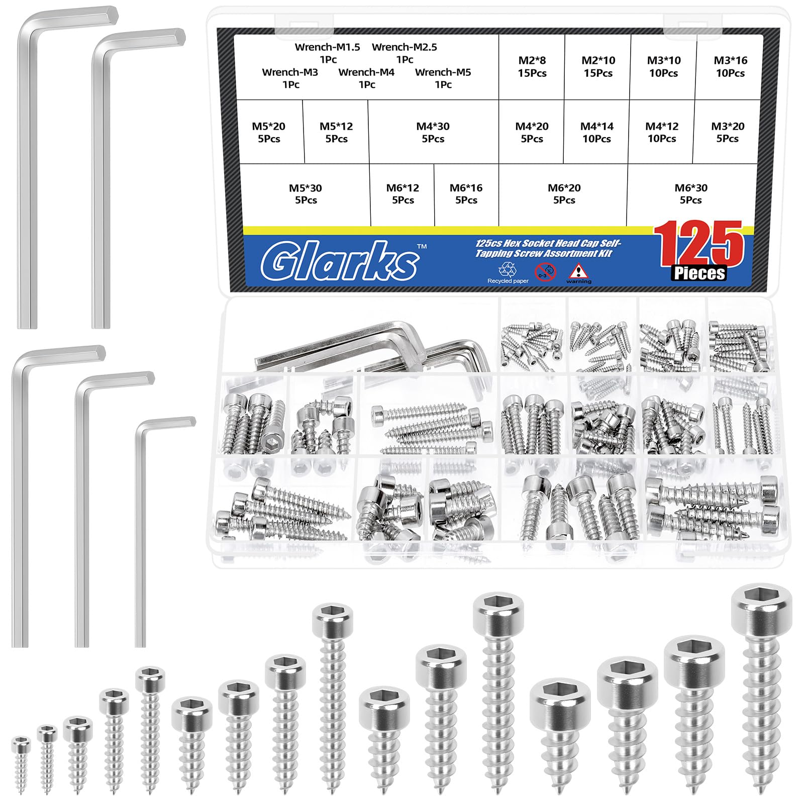 Glarks 125pcs M2/M3/M4/M5/M6 Silver Hex Socket Head Cap Self-Tapping Screw Kit