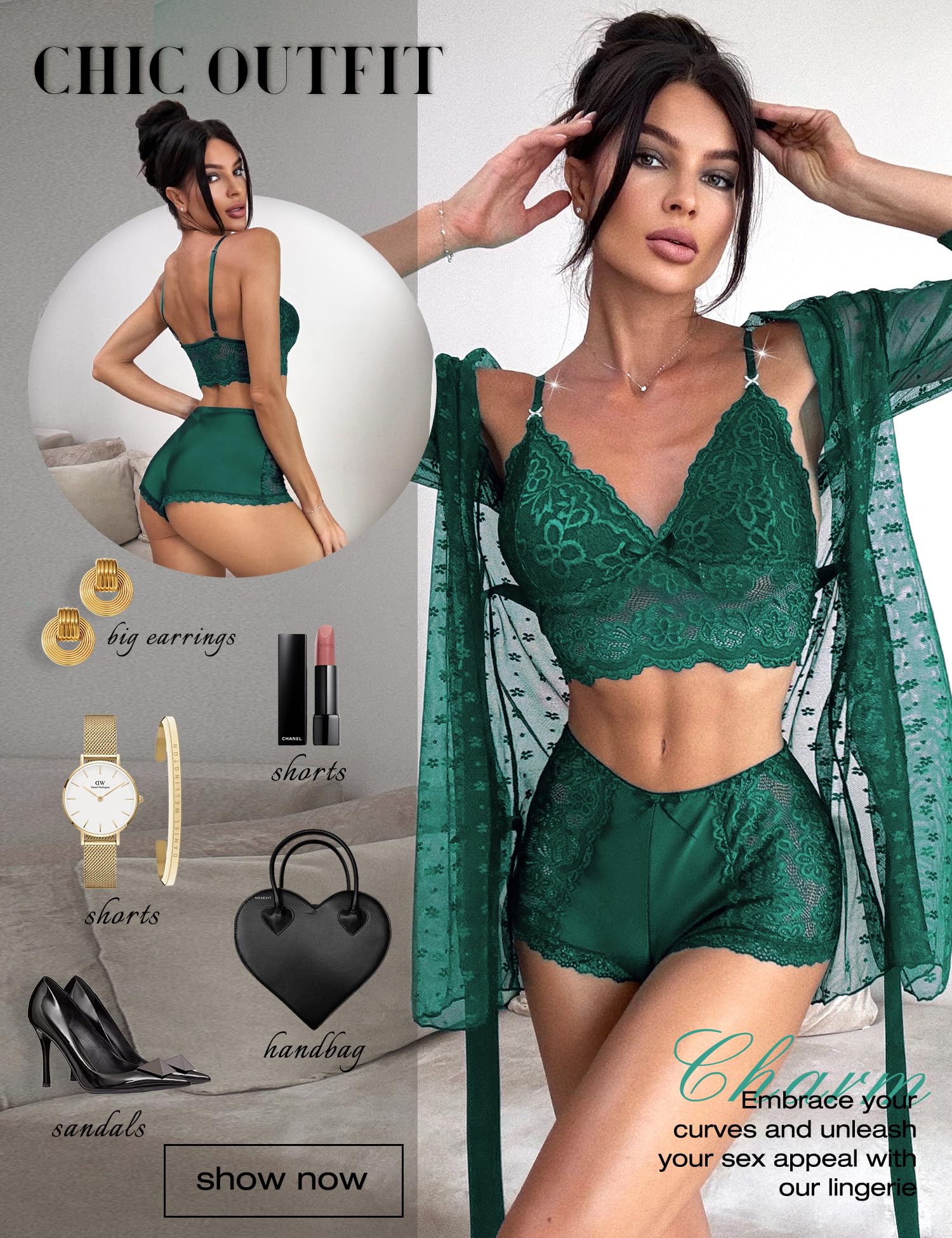 RSLOVE Women Sexy Lingerie Set - 3 Piece Lace Bra and Panty Sets with Mesh Kimono Robe Nightgown Sleepwear: X-Large Green