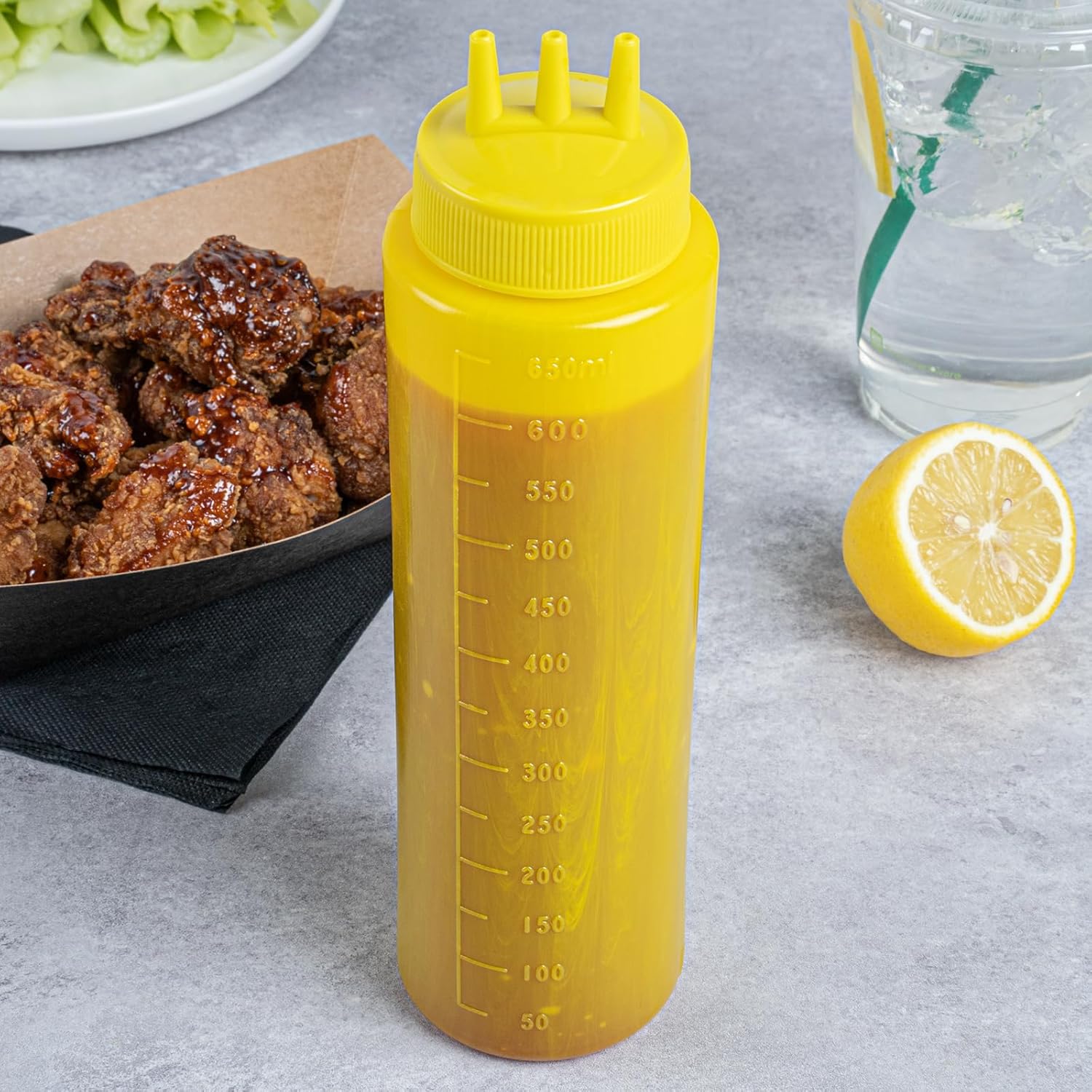 Restaurantware-24 Ounce Condiment Squeeze Bottles, 6 Squeeze Bottles With Triple Dispersion Tips - Large, Flexible, Yellow Plastic Mustard Bottles, For Dispensing Sauces Or Oils