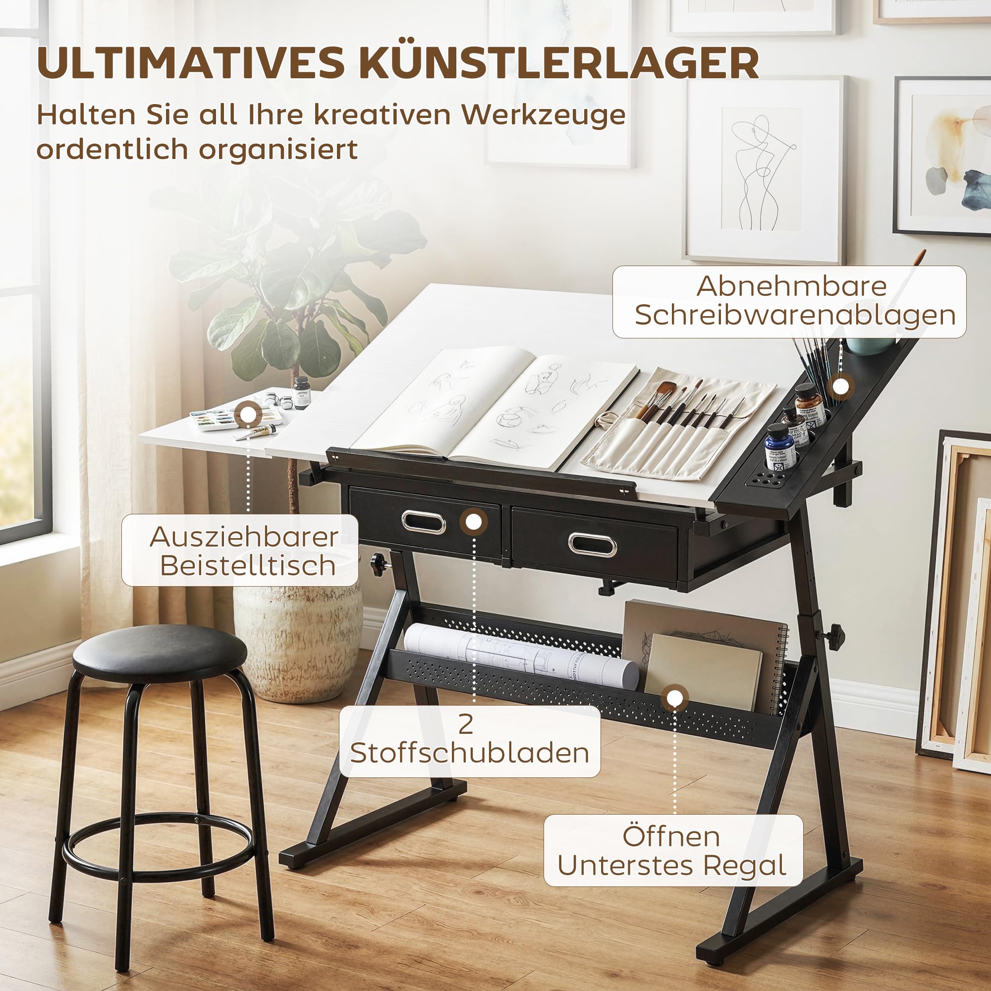 HOMCOM Zeichentisch mit Hocker Architektentisch höhenverstellbarer Arbeitstisch mit neigbarer Tischplatte und 2 Schubladen Schreibtisch Schülerschreibtisch für Architekt & Künstler, Weiß