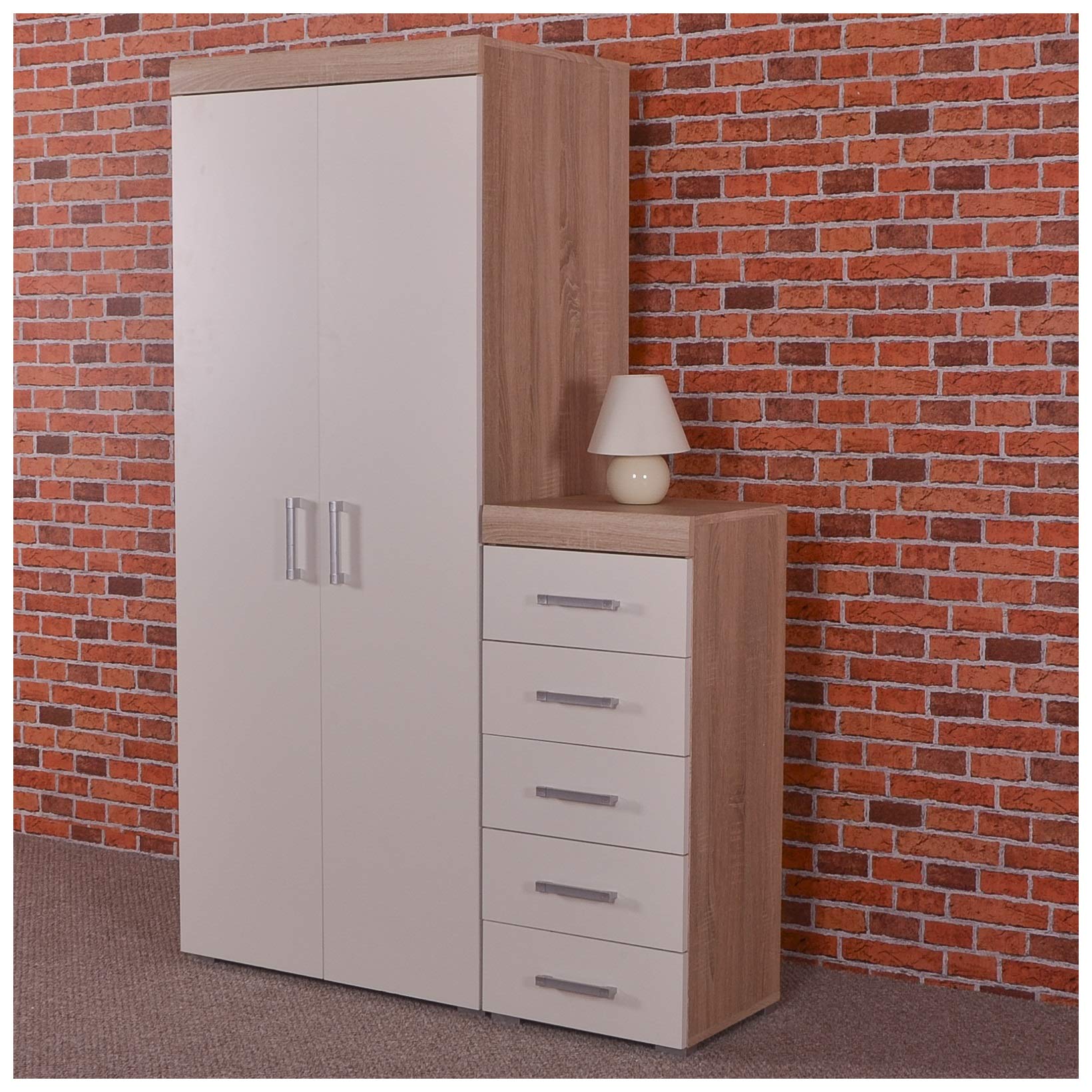 DRP Trading 2 Door Wardrobe & 5 Drawer Tall Boy Chest in White & Sonoma
