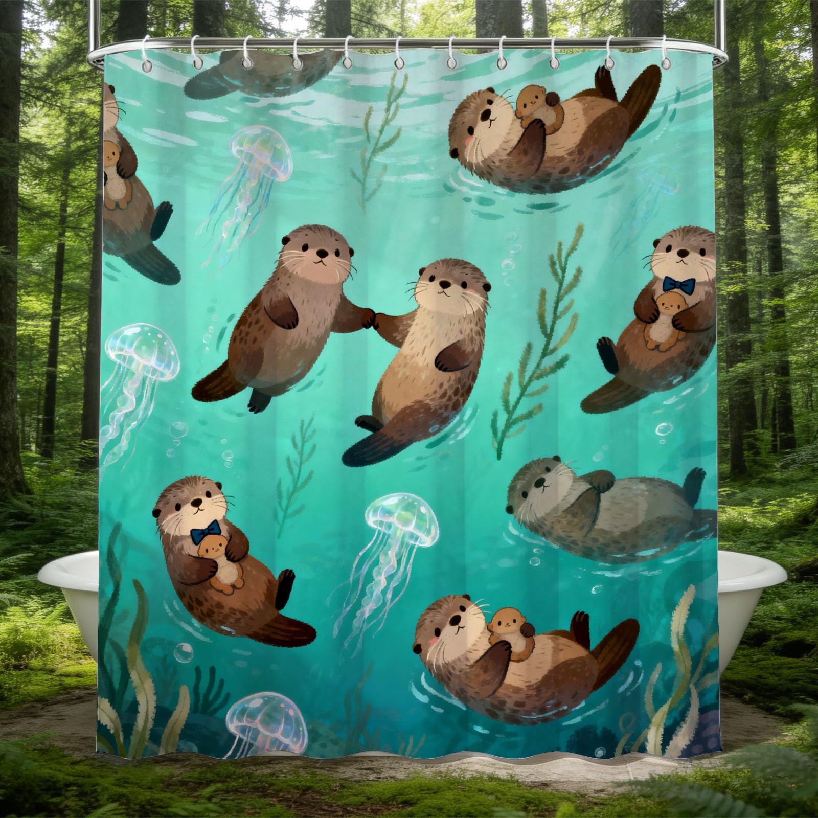 Hongduo 3D Cute Otter Shower Curtain for Stalls Bathtubs Minimalistic Bathroom Decor Shower Curtain Set Polyester Fabric Waterproof 200x200cm/79X79 Inch with Hooks