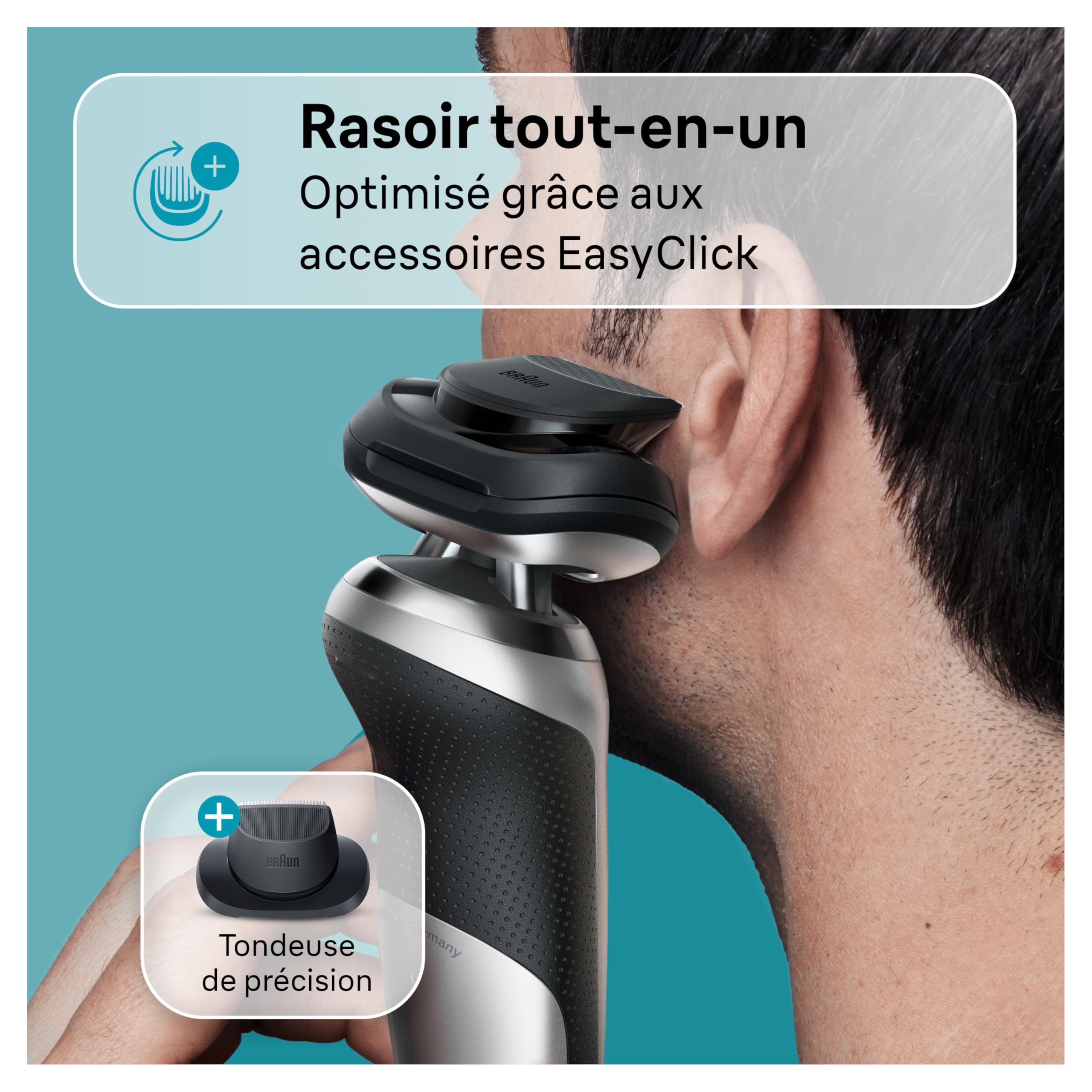 Braun Rasoir Electrique Homme Series 7 70-S7200cc Argent, A Grille, Sans Fil, Étanche, Rechargeable, Coffret De Rasage Avec Station De Nettoyage, Tondeuse Même Pour Les Barbes Dures