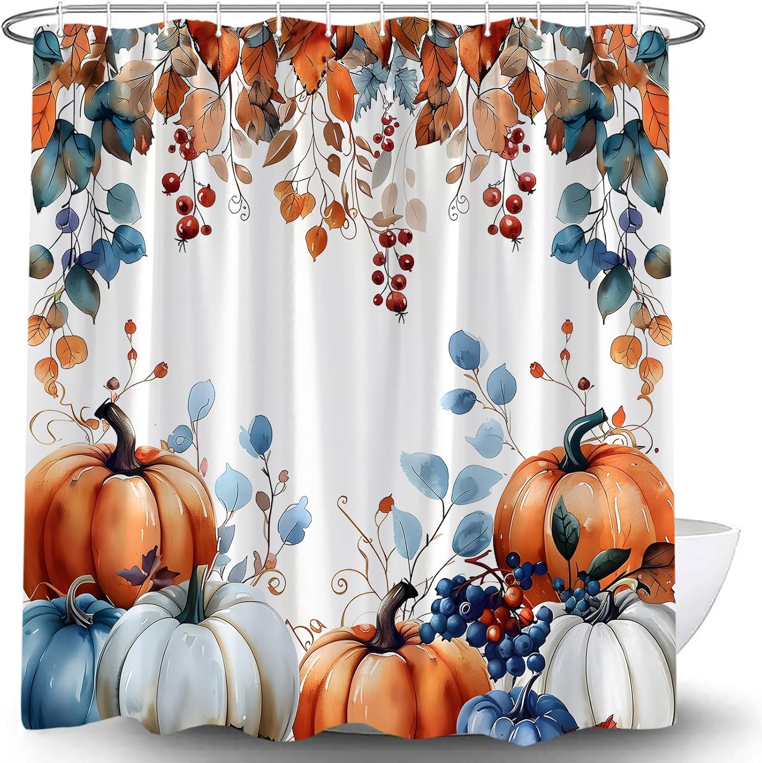 Autumn Pumpkin Shower Curtain Fall Harvest Floral Rustic Thanksgiving Watercolor Leaves Pumpkins Seasonal Festival Farmhouse Decor Bathroom Curtain Set with Hook