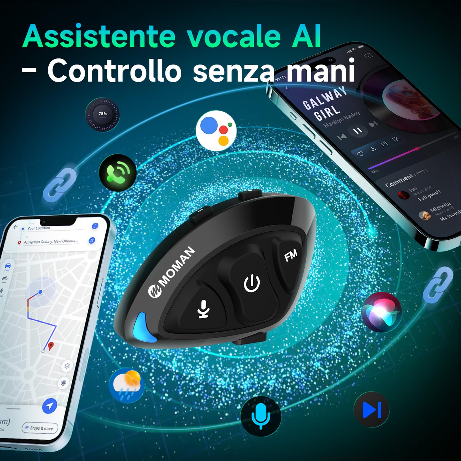 Moman Auricolare Moto RS-S Cuffie Casco Stereo HI-FI Riduzione del Rumore Radio FM IPX6 Impermeabile