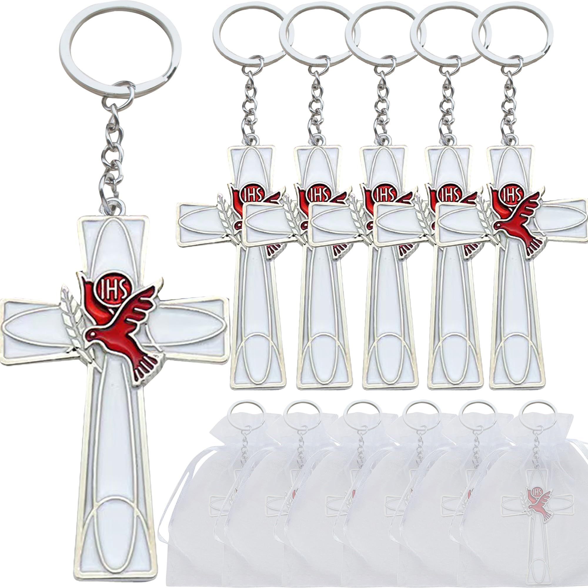 12 Pcs confirmation Red Holy Spirit dove Cross Keychain Party Favor enamel Cross Key Ring