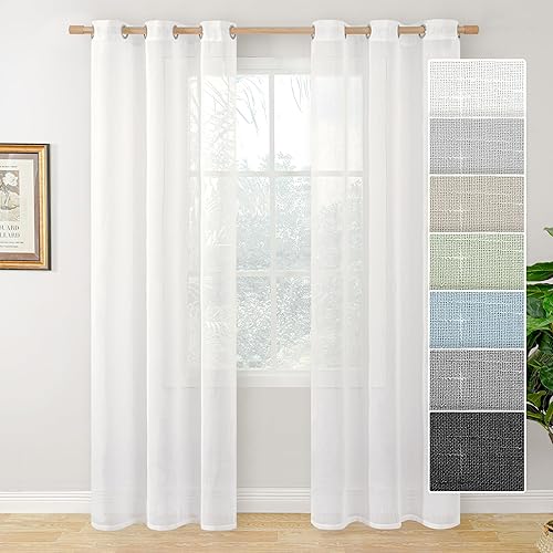 BGment Juego de 2 paneles de cortinas traslúcidas de lino sintético blanco de 84 pulgadas de largo, cortinas transparentes con ojales para filtrar