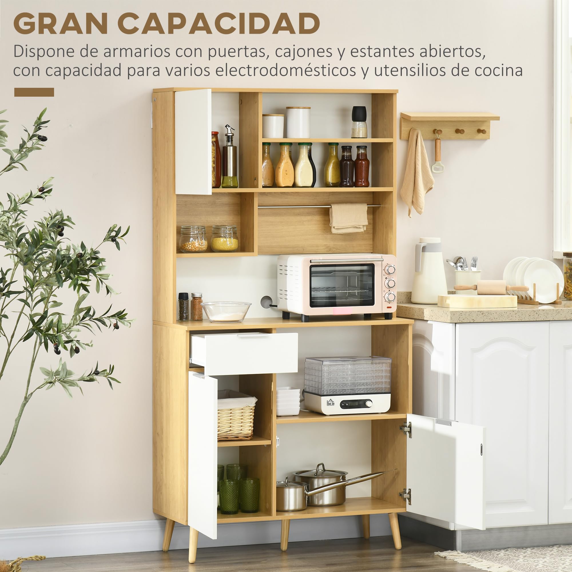 HOMCOM Alacena de Cocina Despensa Armario de Cocina Aparador Alto con 3 Puertas Cajón Estante Ajustable Encimera para Microondas y Toallero 93x40x180 cm Natural y Blanco