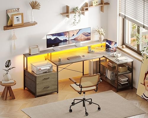 Miniatura 2 de ODK Escritorio en forma de L con cajón de archivos, escritorio reversible en forma de L de 66 pulgadas con toma de corriente y tira LED, escritorio