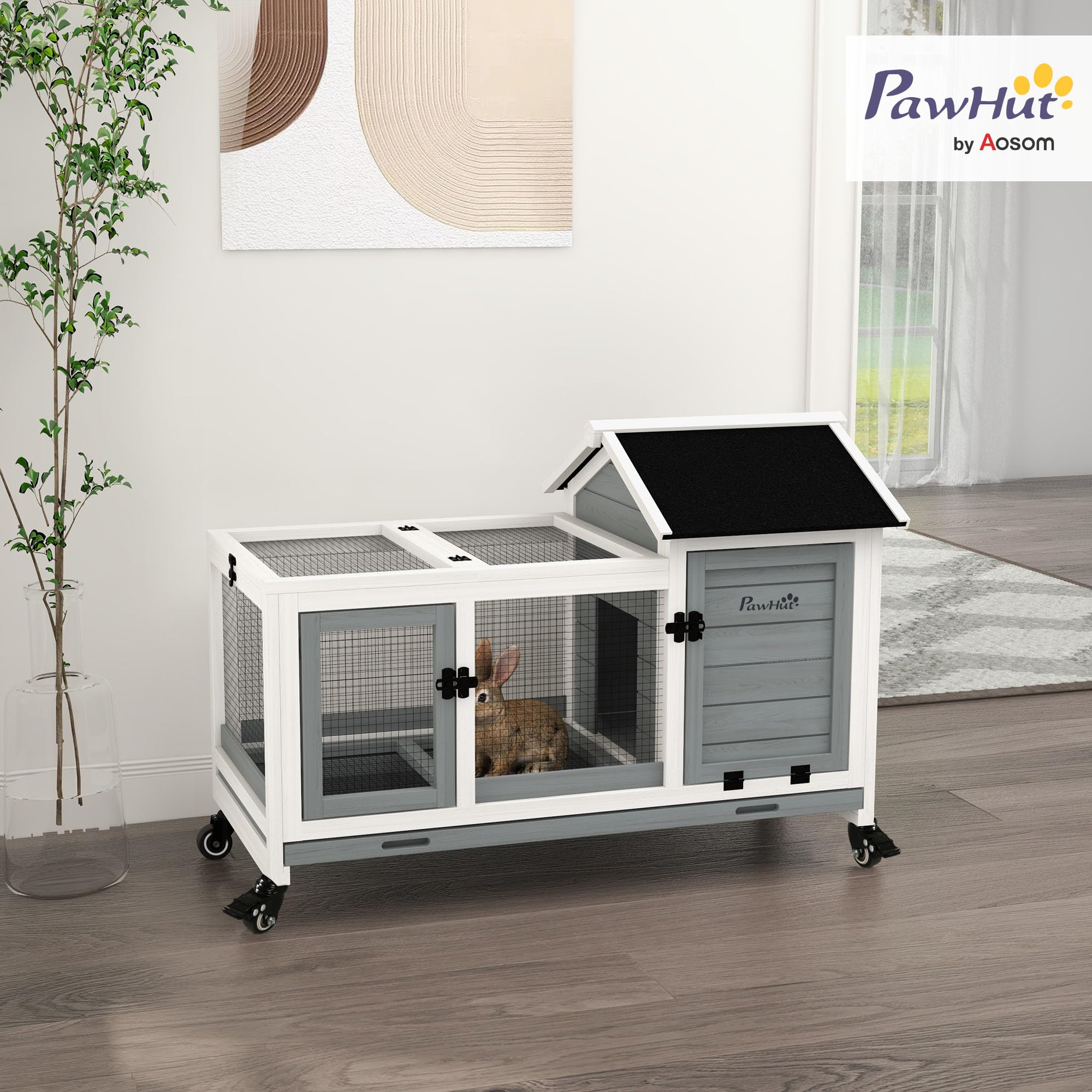 PawHut Gabbia legno conigli e cavie 108x58x73,5cm grigio | Casetta per animali piccoli con ruote, per esterno e interno, vassoio estraibile