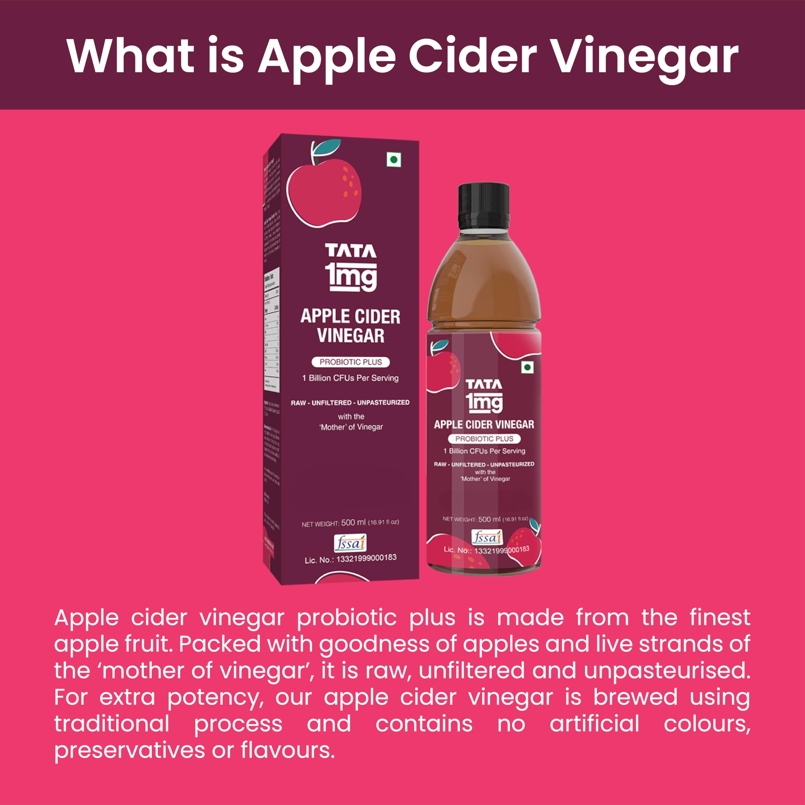 1MG Tata Apple Cider Vinegar ACV Probiotic Plus, For Weight Management & Gut Health, For Men & Women, Raw, Unfiltered & Unpasteurized with The Mother of Vinegar (Pack of 1, 500ml) 3
