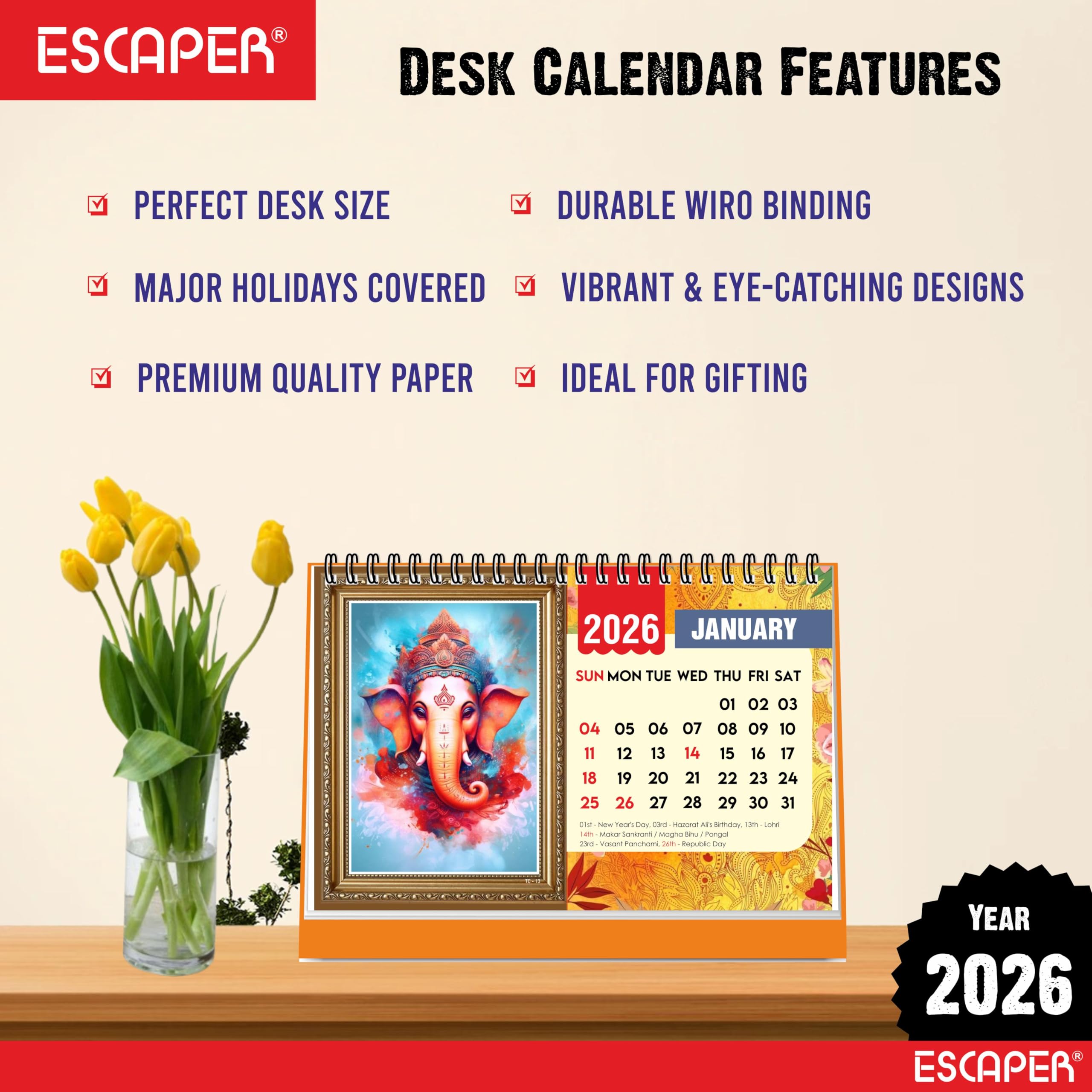 ESCAPER Lord Ganesha Stehender Flip-Desktop-Kalender 2024, 12 Monatsseiten mit dickem Papier, Doppeldrahtbindung, Tischkalender 2024 (A5, 21,6 x 14,0 cm)
