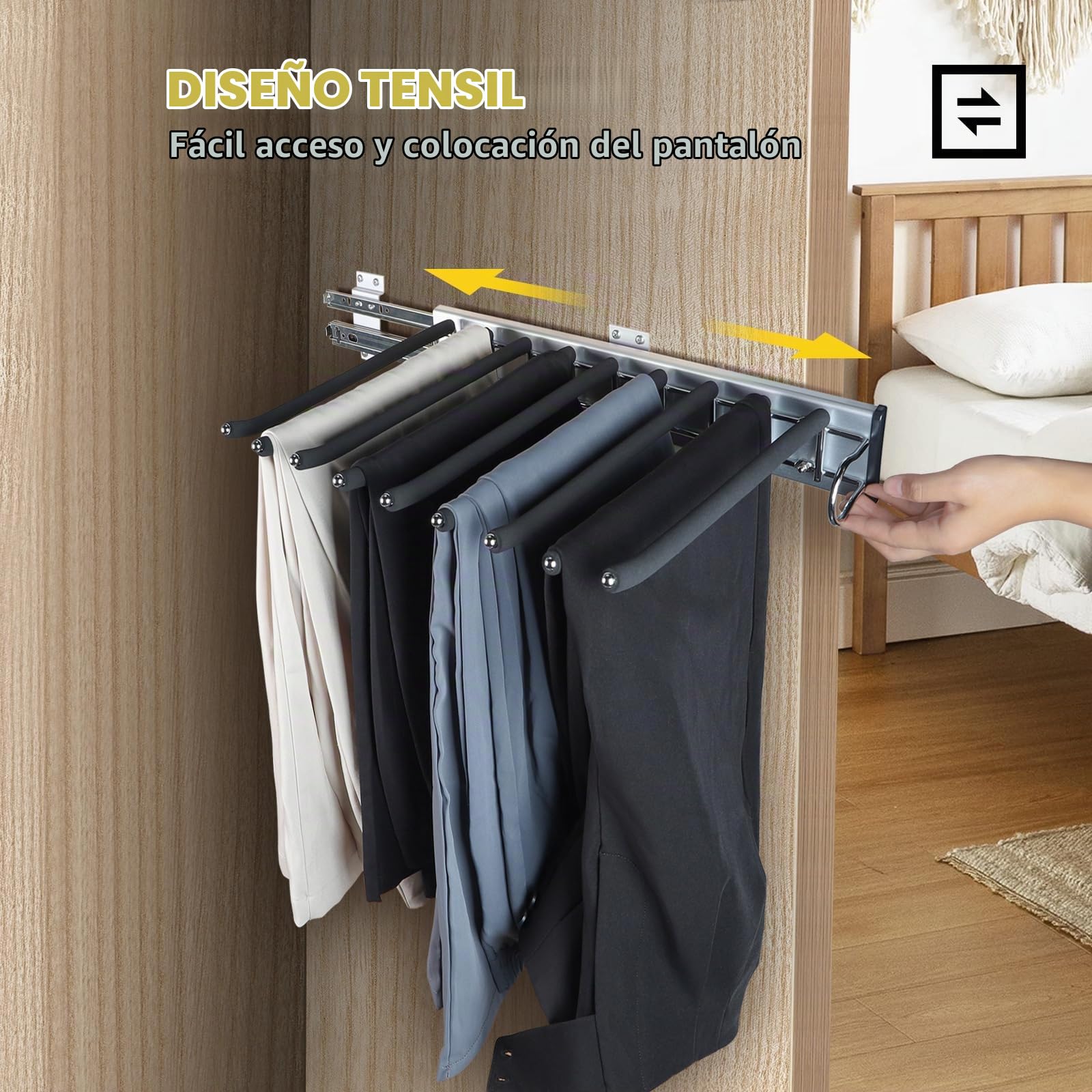 Pantalonero Extraíble de Acero Inoxidable Pantalonero Extraíble para Armario Pantalonero con Flocado Antideslizante Pantalonero Extraíble 9 Posiciones a la Derecho Ahorro de Espacio