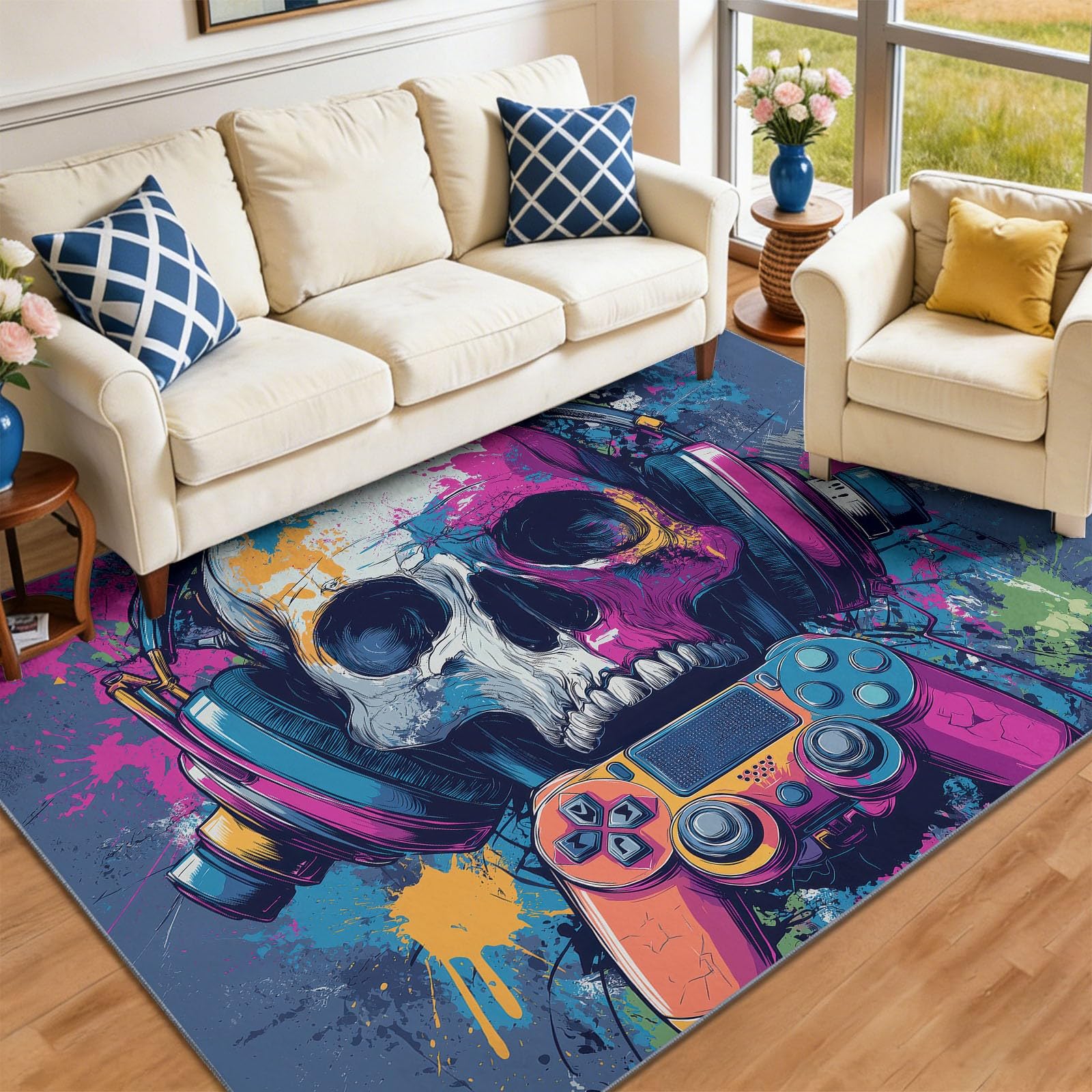 Muzyczna czaszka i kontroler dywanik do pokoju dziecięcego antypoślizgowy spód do salonu, sypialni i pokoju dziecięcego nowoczesny dywan 140 x 200 cm, kolorowy