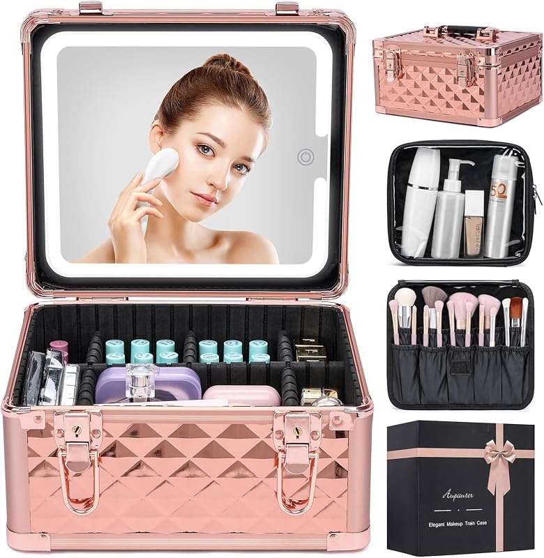 Maleta de maquiagem aupauter com espelho LED, divisórias ajustáveis e estojo rígido Sparkling Rose Gold