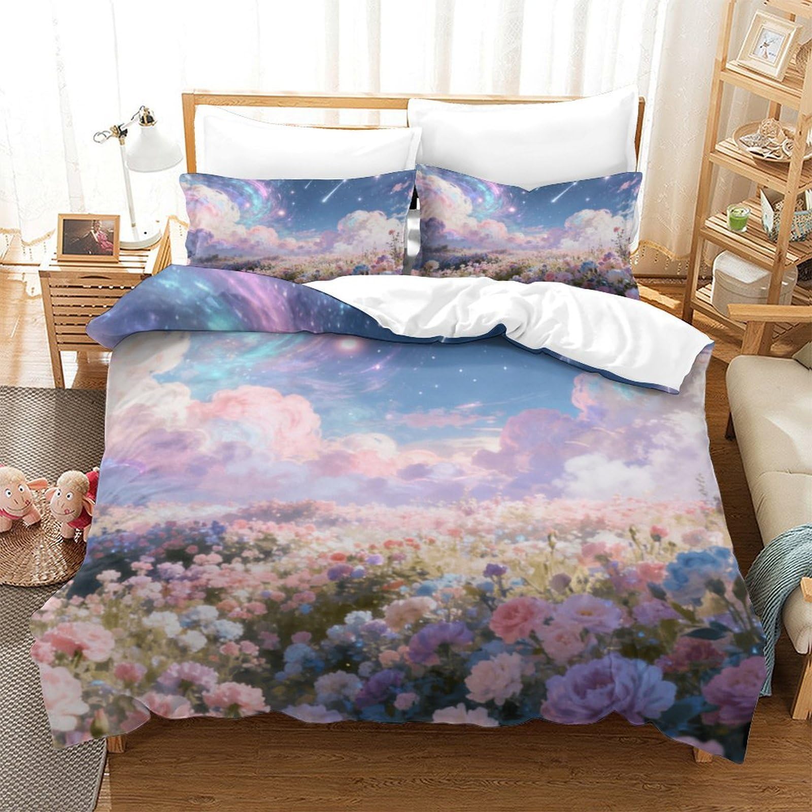 Housse de couette 220x240 fleurs nuages : parure de lit romantique paysage imprimé 3D King