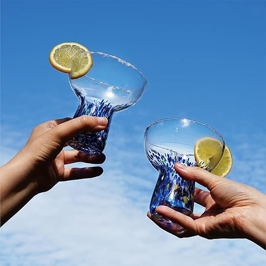seicasaya Hand Blown Mexican-Style Confetti Stemless Margarita Glasses, 6 Oz Colorful Cocktail Glassware, Artisan Crafted Barware (Blue 2 Pcs, Small)