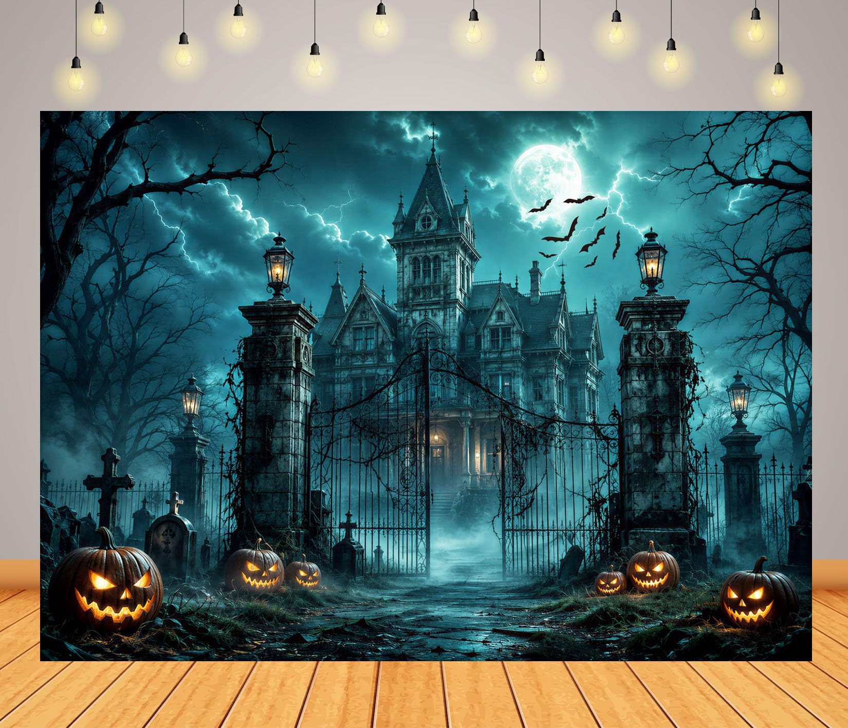 BELECO 3.6x3m Tessuto Sfondo Villa Gotica Infestata Cimitero | Casa Infestata Halloween Zucca Lapide Luna Piena Pipistrello Temporale Sfondo Festa Orrore Telo Di Sfondo