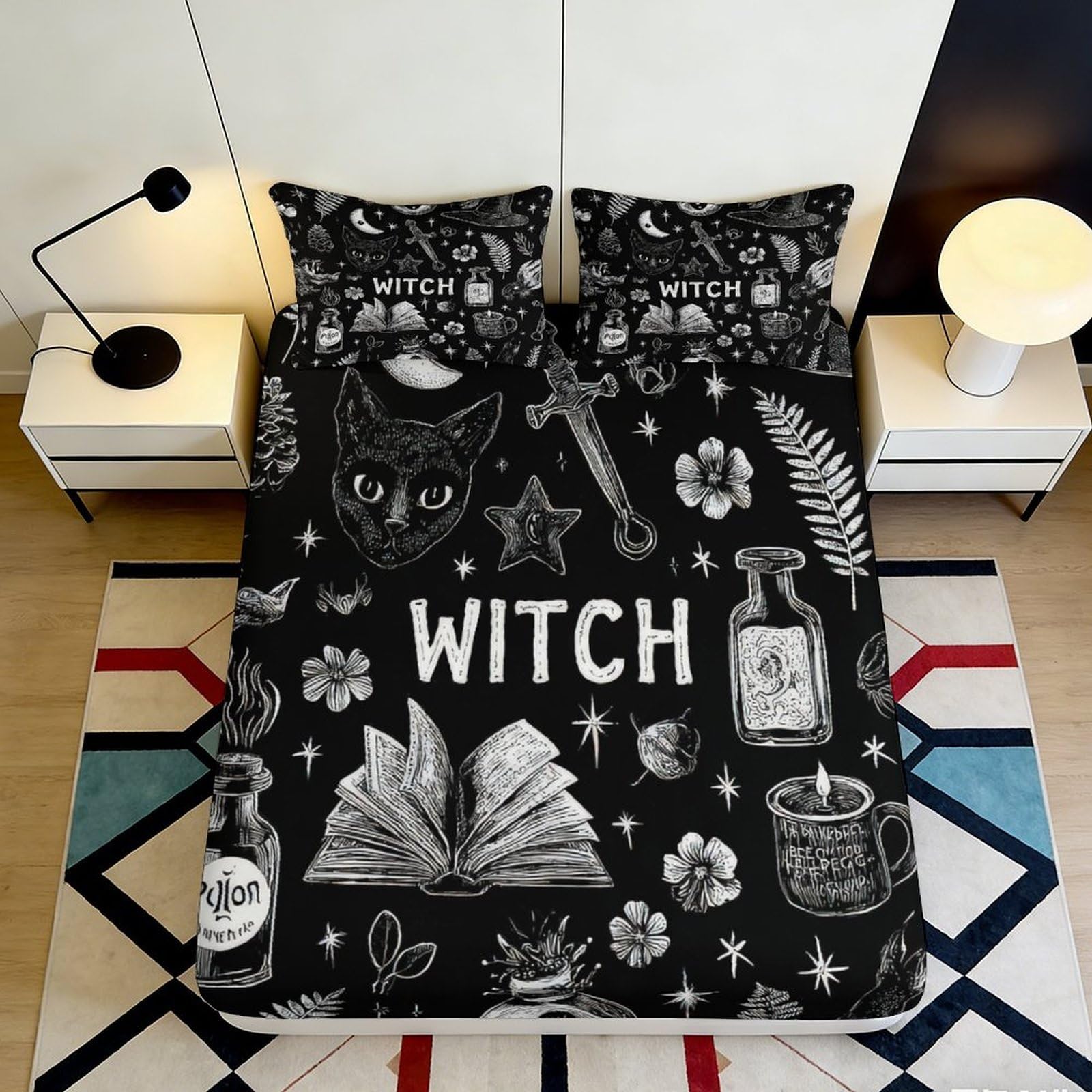 3D Printed Witch Black Cat Fitted Sheet Microfiber Soft Bedroom Decor Potion Bottle Bed Cover for Home Dorm 90x200x25cm