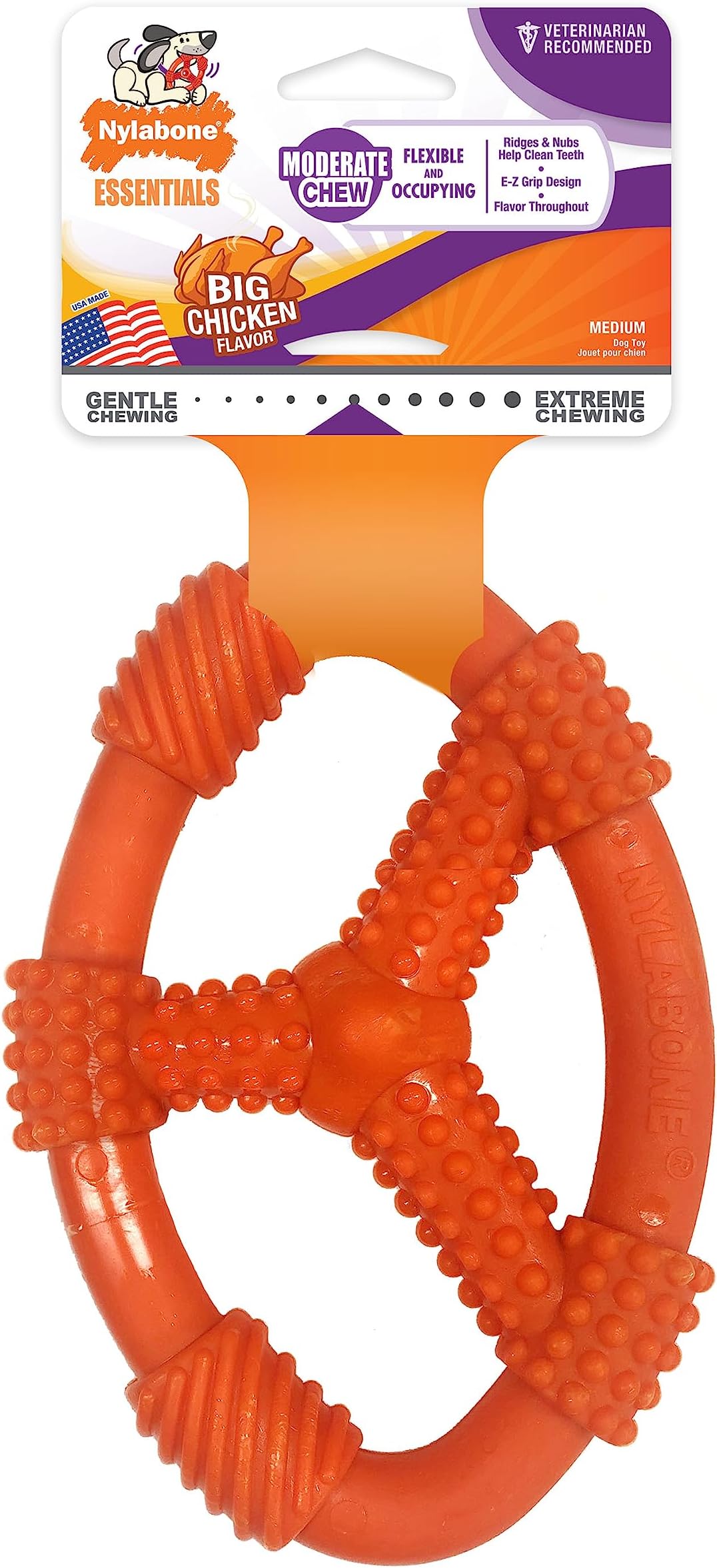 Moderate Chew Toy Flexible Oval Ring Chicken Flavour Medium, for Dogs up to 16kg,Orange