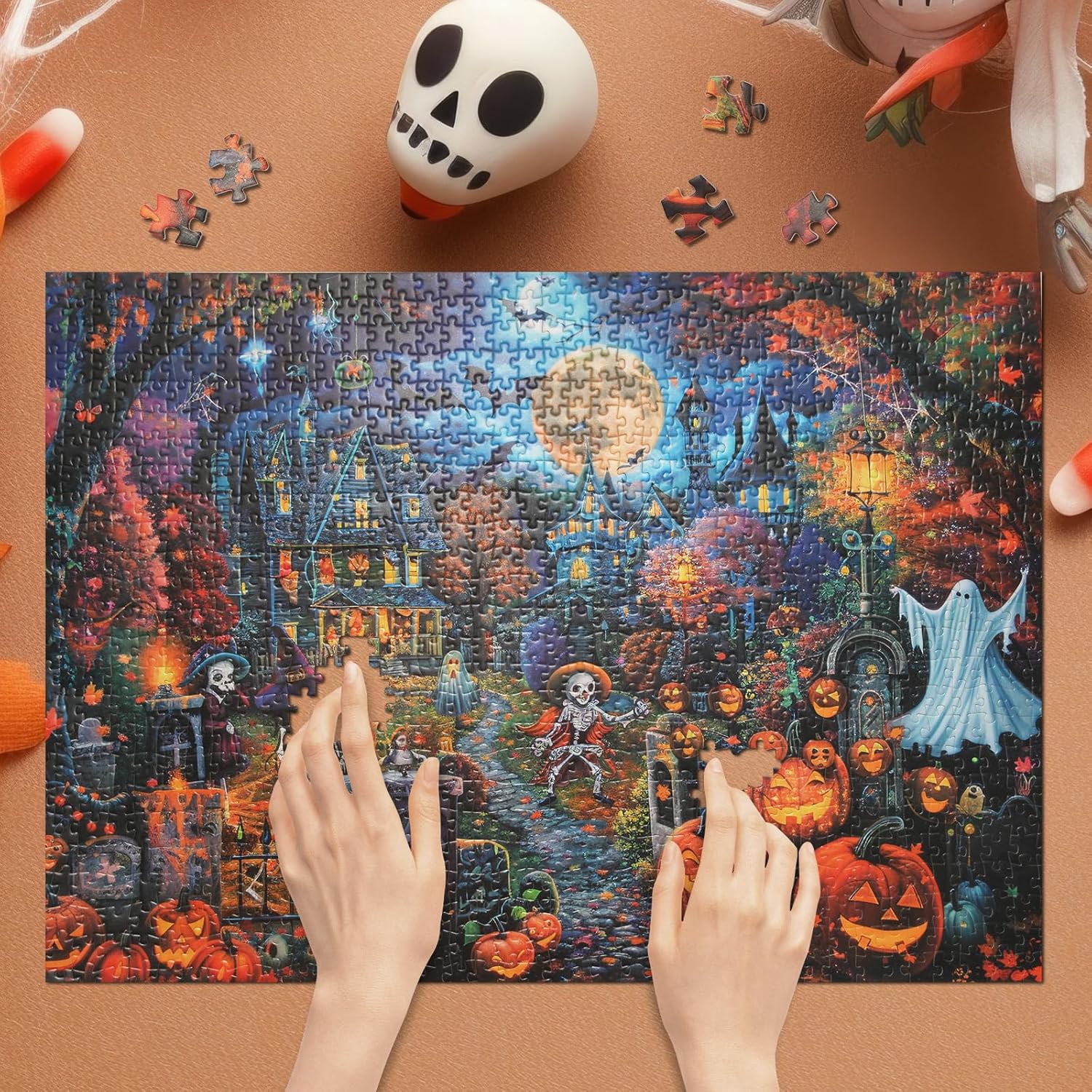 Halloween Jigsaw Puzzles 1000 Pieces Horror Puzzle for Adults Spooky Scary Ghost Skeleton Featuring Holiday Witchy Haunted House Pumpkin Skeleton Grave Artwork Puzzle