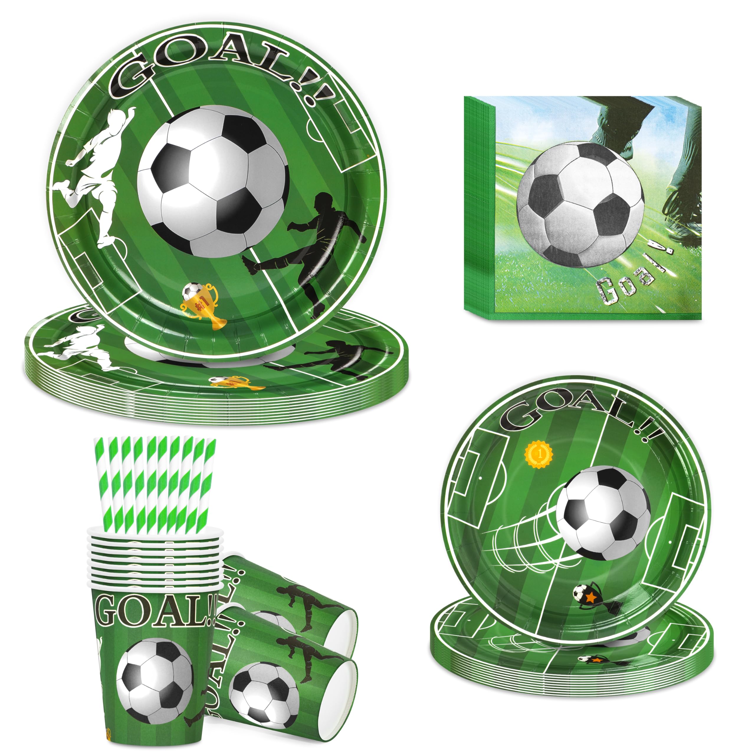 BuyCard Football Party Supplies Set for 10 Guests | Disposable Themed Tableware Kit with 20 Plates, 10 Cups, 10 Paper Straws,20 Napkins | Birthday Decorations for Soccer Themed Party