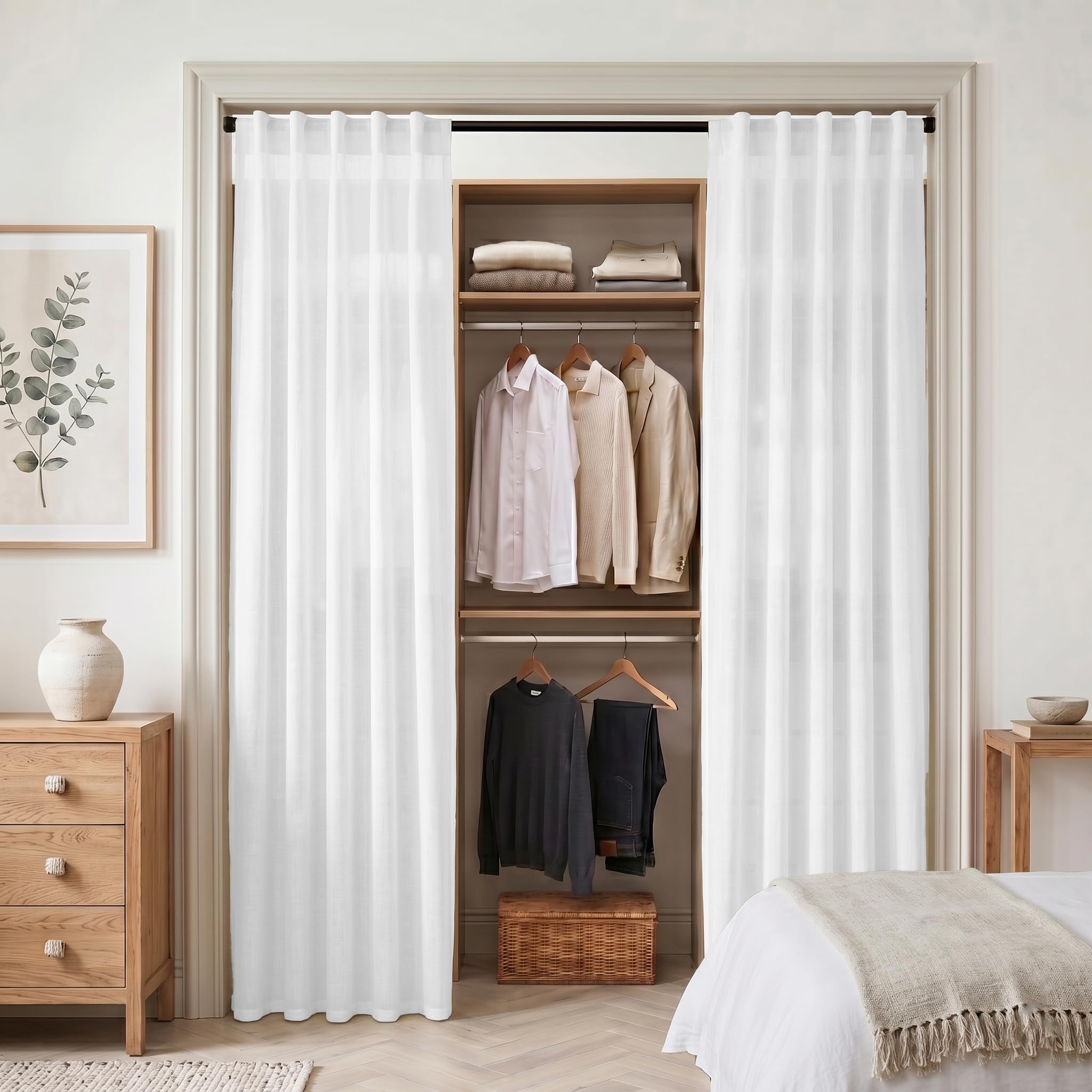 XTMYI Doorway Curtains Privacy Room Divider for Room Seperation,Sheer Faux Linen Accordion Sliding Closet Door Panels for Doors,80 Inches Long,Pure White