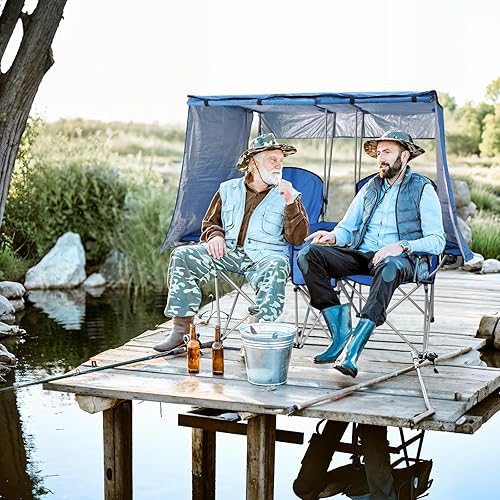 Miniatura 2 de BESTHLS Silla de campamento de doble toldo con sombra, sillas plegables de dos plazas con soporte para tazas, bolsa refrigeradora, bolsa