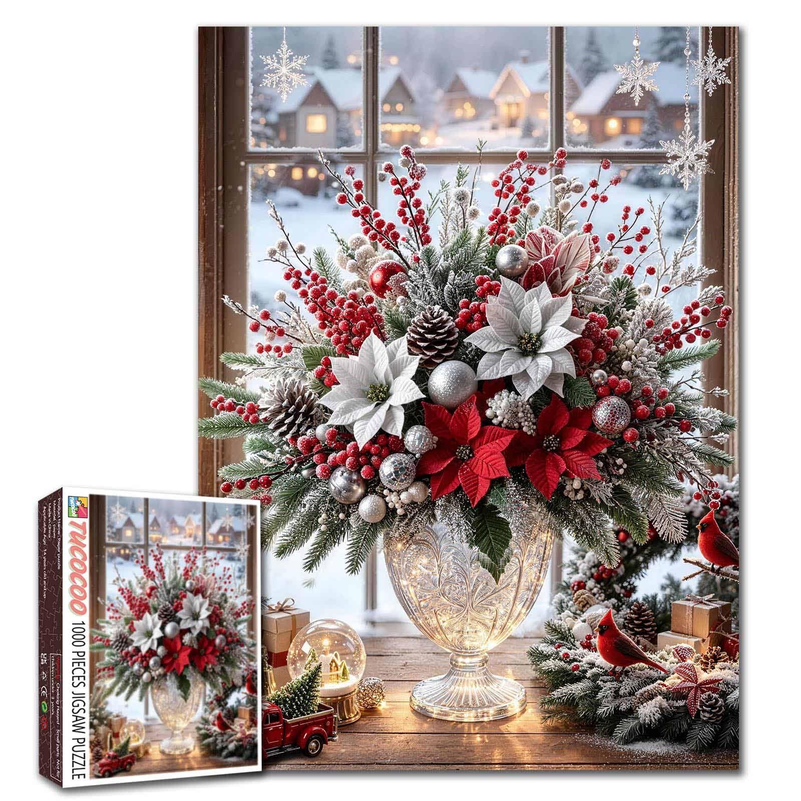 Christmas Floral Arrangement Jigsaw Puzzles for Adults 1000 Pieces Winter Bouquet Snowy Village DIY Puzzles for Family Activity Games Holiday Flower Art Home Decor 19.7 x 27.6 Inch โ image 1
