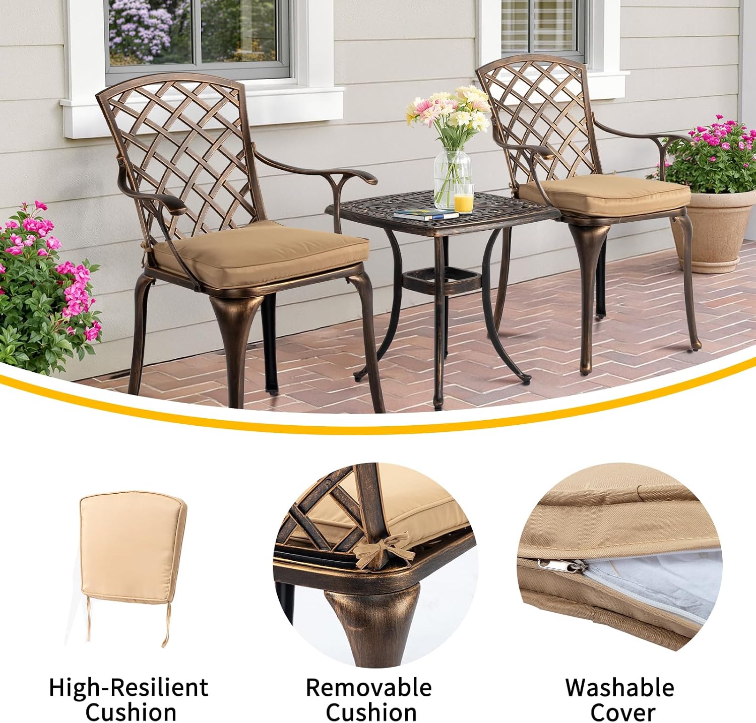 VINGLI 5-Piece Outdoor Patio Dining Set, Cast Aluminum All-Weather Outdoor Table and Chairs w/Cushion, Outdoor Furniture Set w/Umbrella Hole for Backyard Deck Poolside (Round, Grid Back)