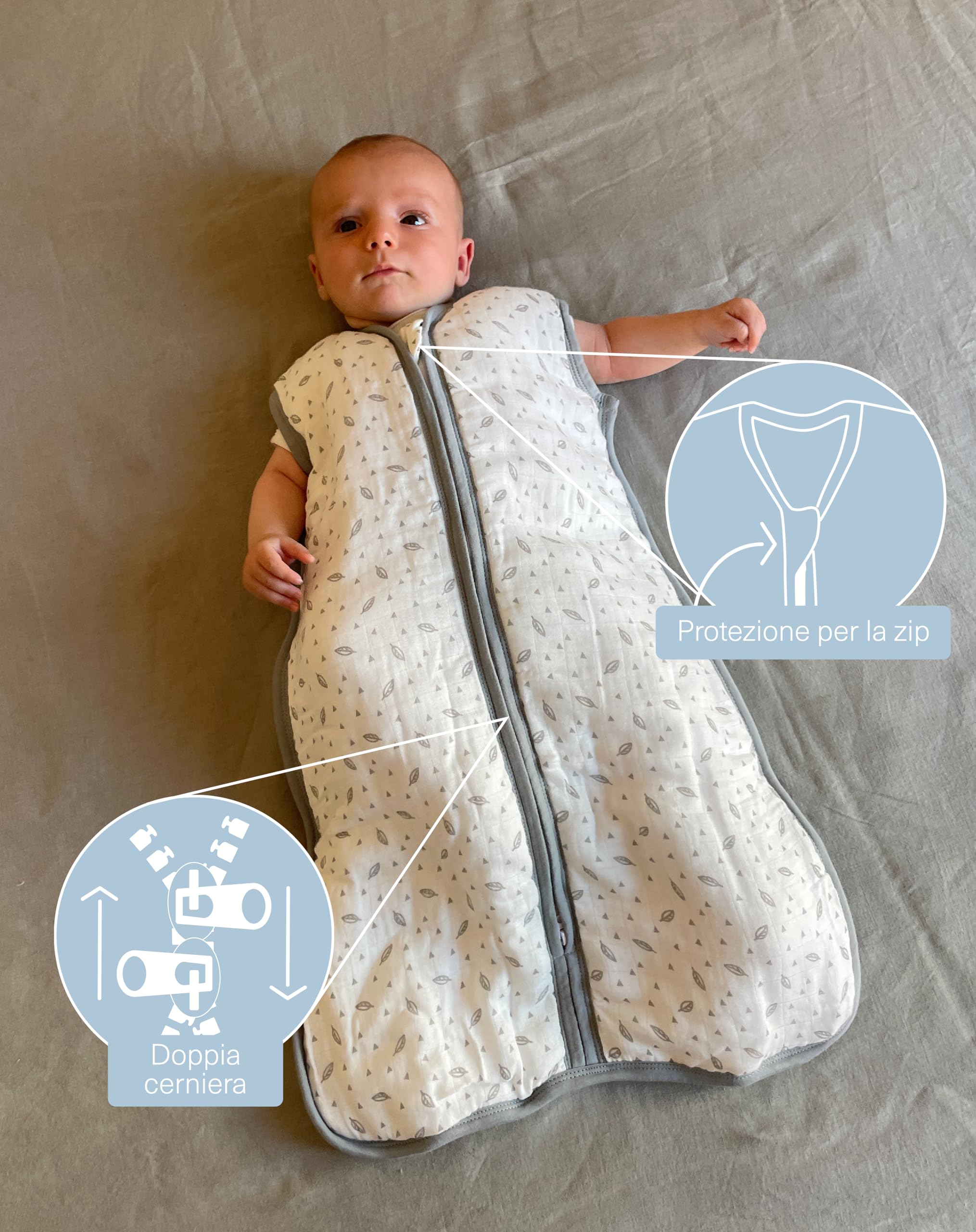 molis&co - Sacco Nanna 1 TOG - Sacco Nanna Imbottito per l’Autunno e Primavera. Neonati da 18-36 mesi (95 cm) - Mussola di Cotone Premium - Senza Maniche - Grey Leaf