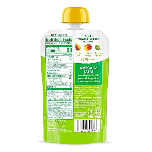 Miniatura 3 de Happy Tot Etapa orgánica 4 Super Foods Peras Mangos y espinacas + Super Chia, 4.22 onzas Bolsa (Paquete de 16) (Embalaje puede variar) Sin GMO