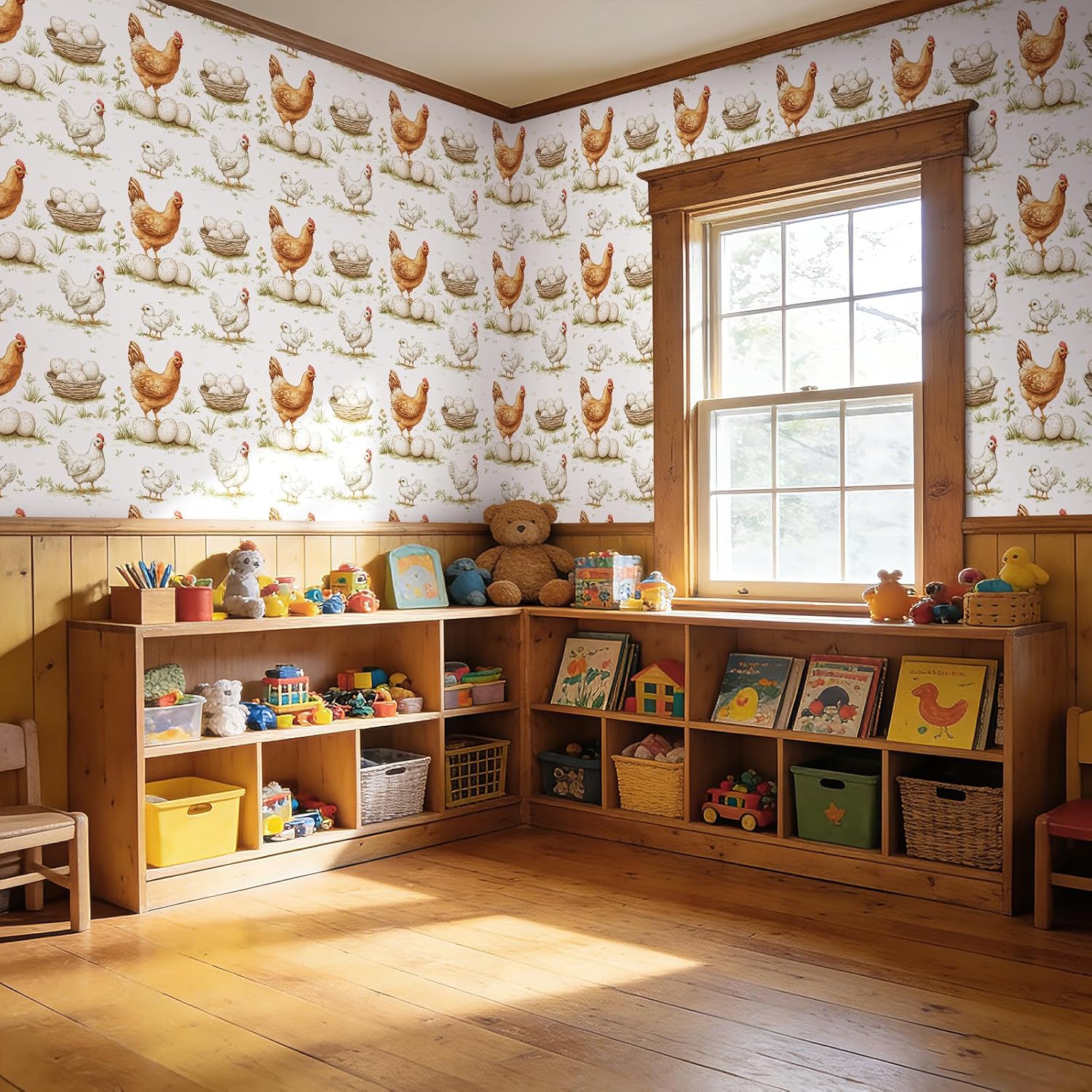 YENHOME Vintage Chicken Farmhouse Wallpaper Stick and Peel 17.5" X23ft Watercolor Rustic Cottage Core Self Adhesive Removable Chicken Wallpaper Contact Paper for Kitchen Cabinets Small Nursery Coop