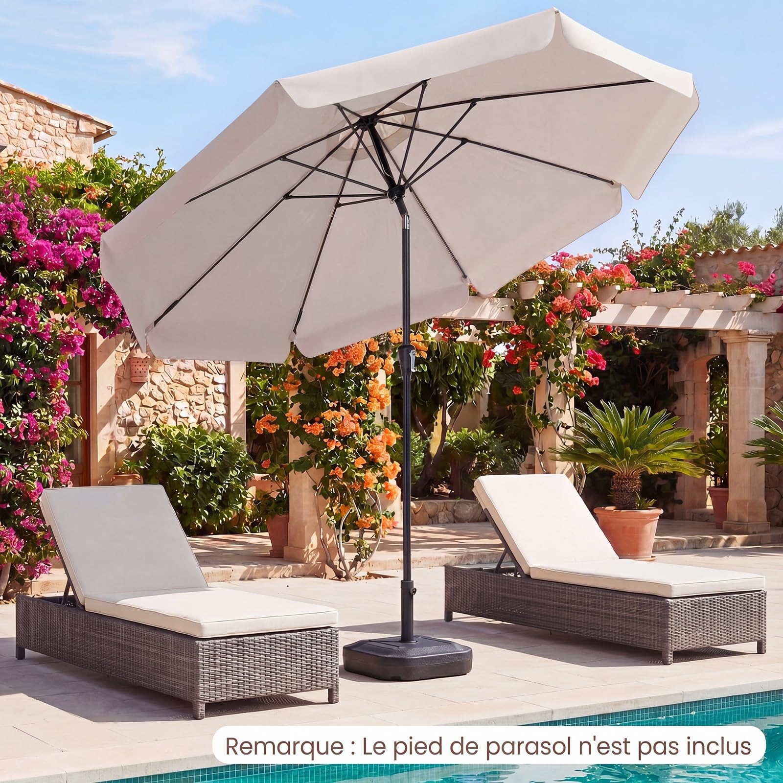 COSTWAY Parasol de Jardin Exterieur 3m, Parasol à Volant en Polyester, Protection Solaire, 30° Inclinaison Bouton-Poussoir, Hauteur Réglable, 8 Baleines, Manivelle, pour Terrasse Piscine Plage