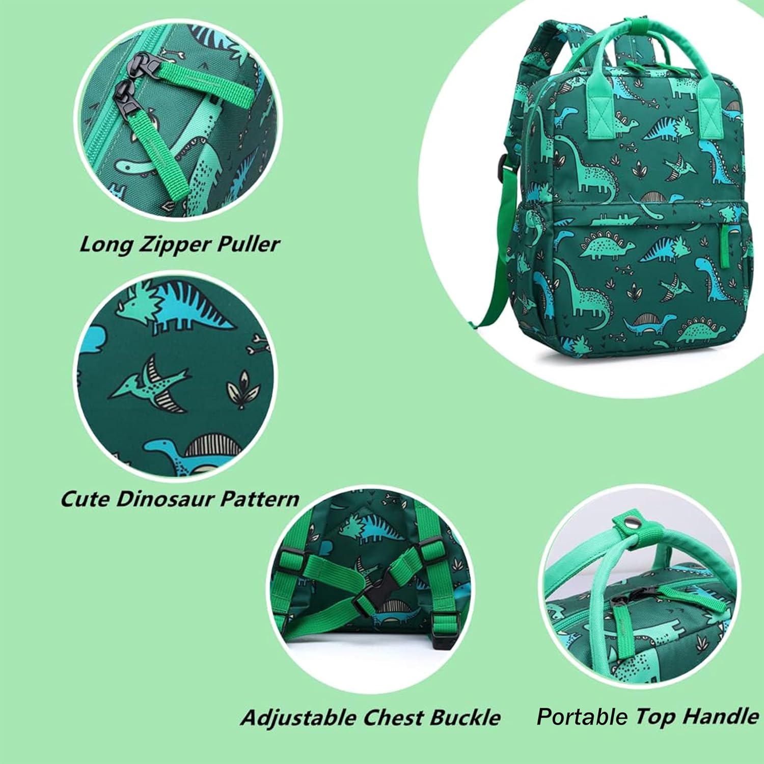 Cute Preschool Backpack Toddler School Book Bag for Girls Boys Kids Kindergarten Nursery Travel Bag with Chest Strap(13.5inch, Green Dinosaur)