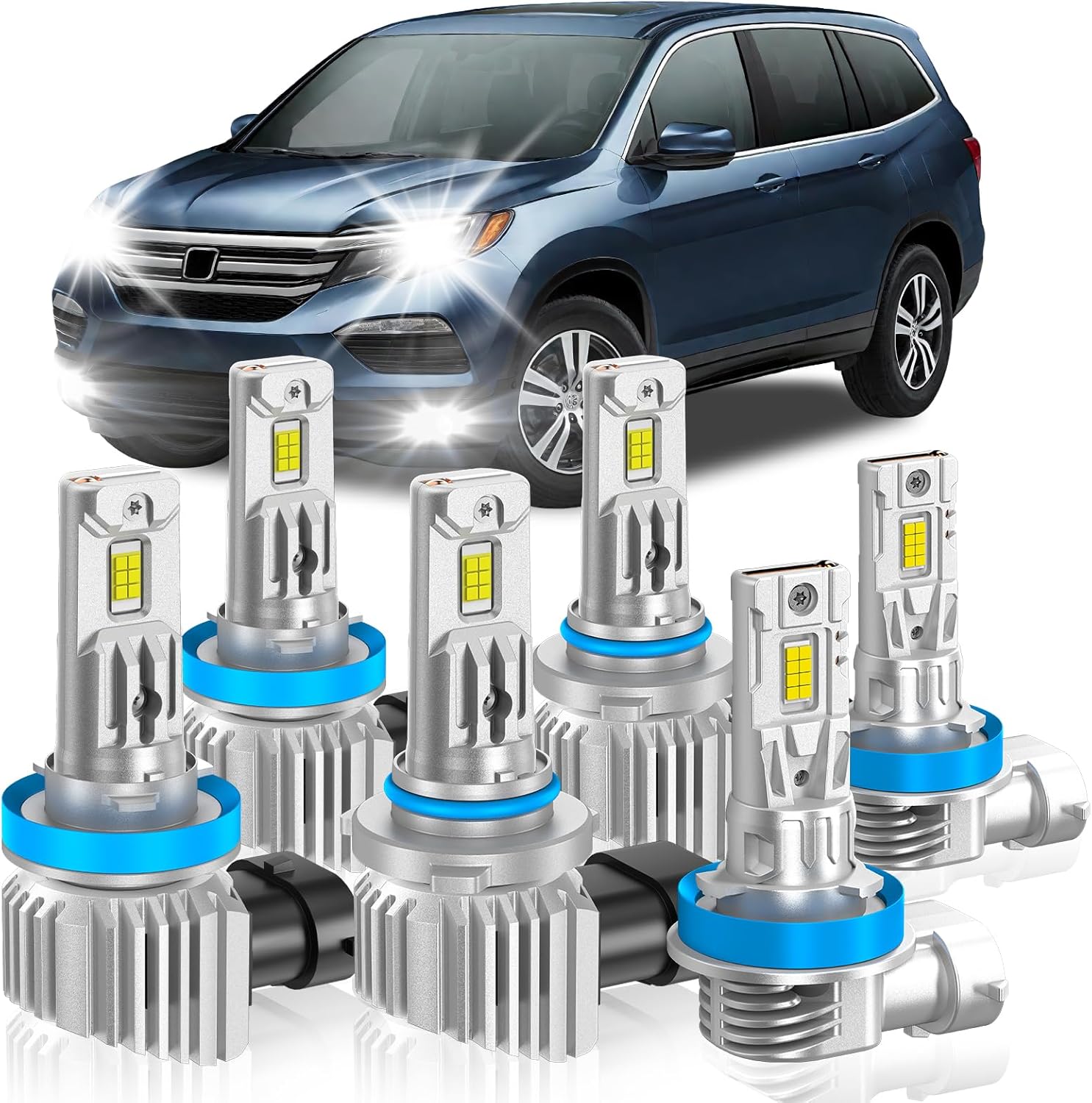 Fit for Honda 2006-2018 Pilot Light Bulbs, High/Low Beam Fog Light Bulbs Combo, 800% Brightness CSP Chips, 6000K White, Efficient Heat Dissipation, Pack of 6