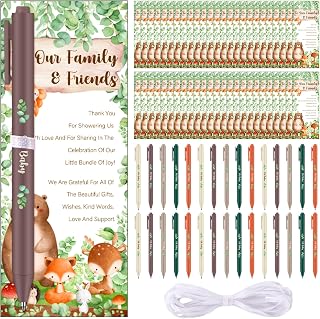 Sayglossy 50 Pack Woodland Pen Set Baby Shower Favors Ballpoint Pens with Thank You Cards Woodland Animal Theme Guest Gifts Game Prizes Gender Reveal Souvenirs Party Supplies