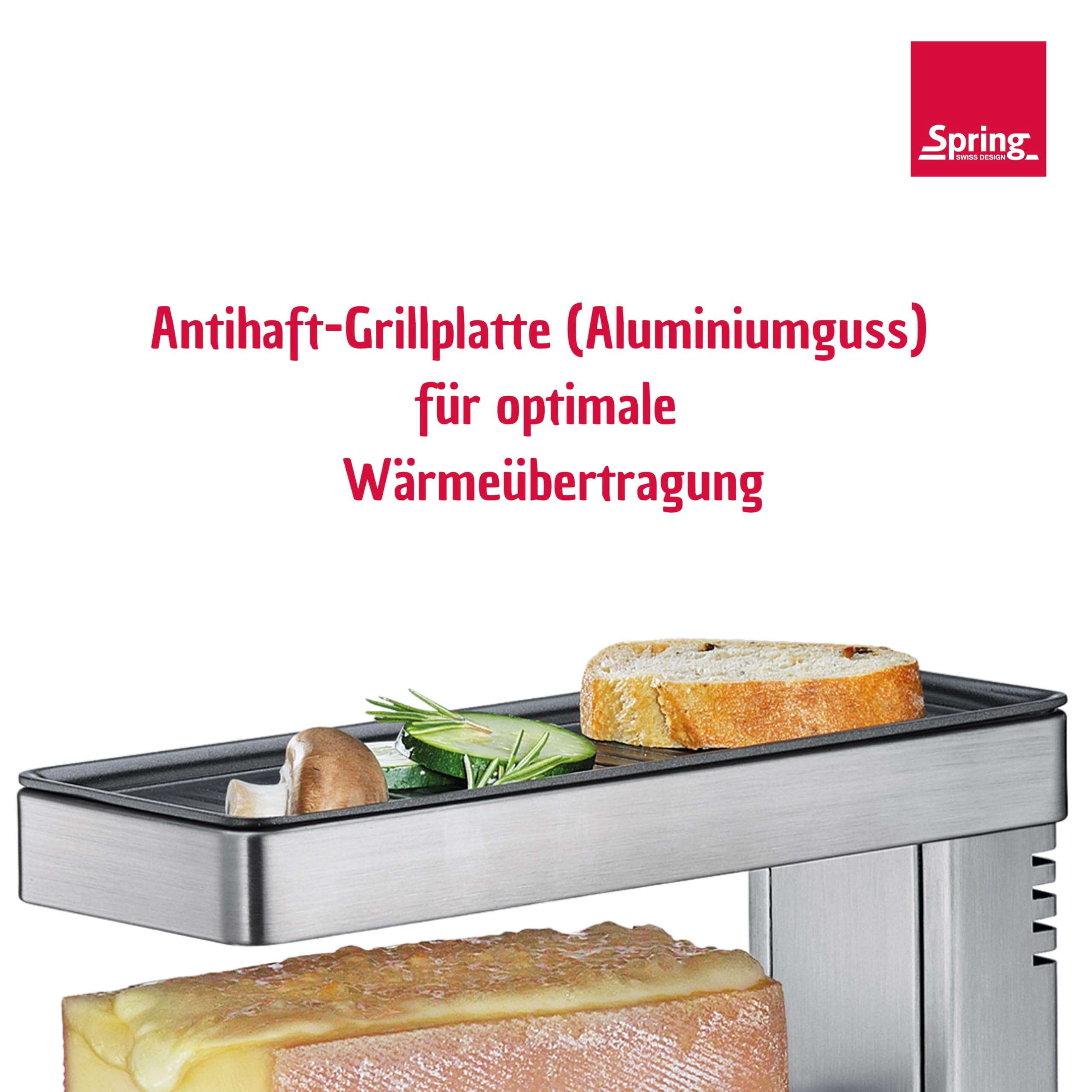 Spring Raclette-Ofen CHALET, 360° schwenkbarer Arm, Edelstahlgehäuse | Käseschmelzer, Aluminiumguss-Grillplatte, Antihaftbeschichtung, stufenlose Temperaturregelung, 600 Watt, schwenkbarer Arm