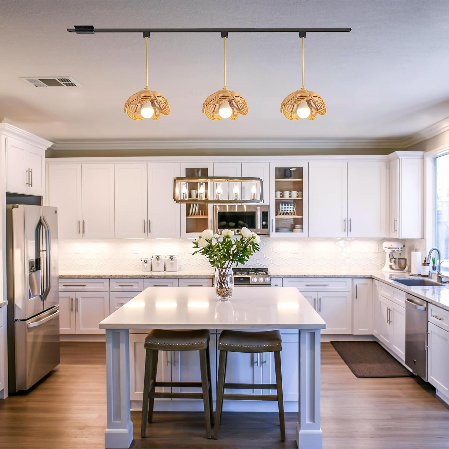 Dimmable H Type Track Lighting Brass Finished Remote Control Pole Copper Track Mounted Pendants Track Mount Nordic Twine Braiding Shade Decorate for Kitchen Low Ceiling 12 inches