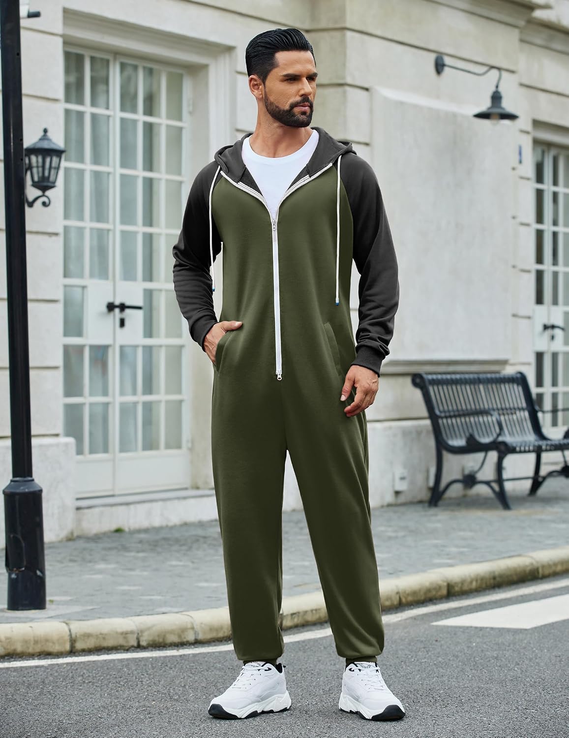 COOFANDY Mens Jumpsuit Onesie Hooded Full Zip One Piece Jogging Tracksuit