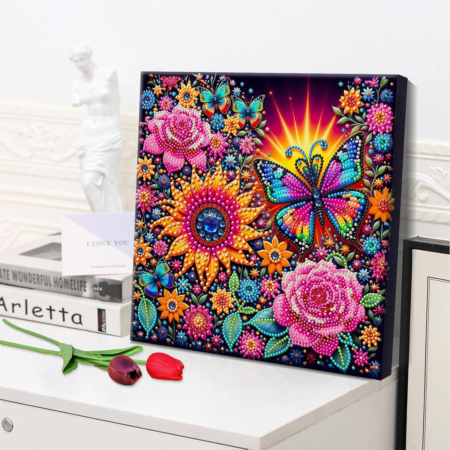 POETRYDRAW Pearl Diamond Art Painting Kit with Frame 11.42 x 11.42 inch, DIY Pearl Beads Art Craft for Adults - Beginner Friendly Framed Canvas Wall Decor Gift Idea (Flower Butterfly)