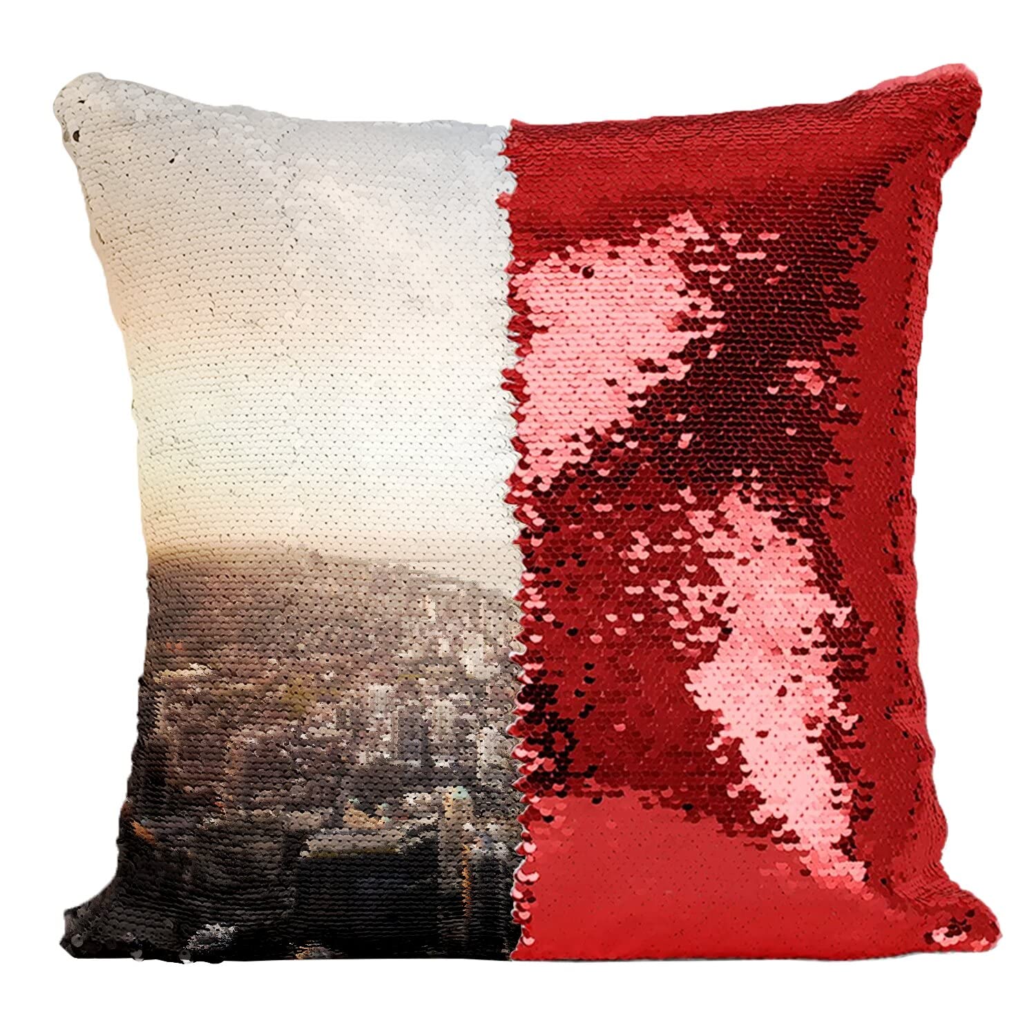 Coussin Sequin Paillettes Rouge Chicago USA Ville Lac Michigan Housse Décorative