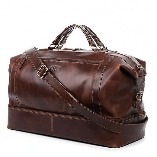 SID & VAIN Travel Bag Smart Compartment Kingston XL Weekender Real Leather 55 cm cm Overnight Duffle Bag Leather Bag Women and Men Brown