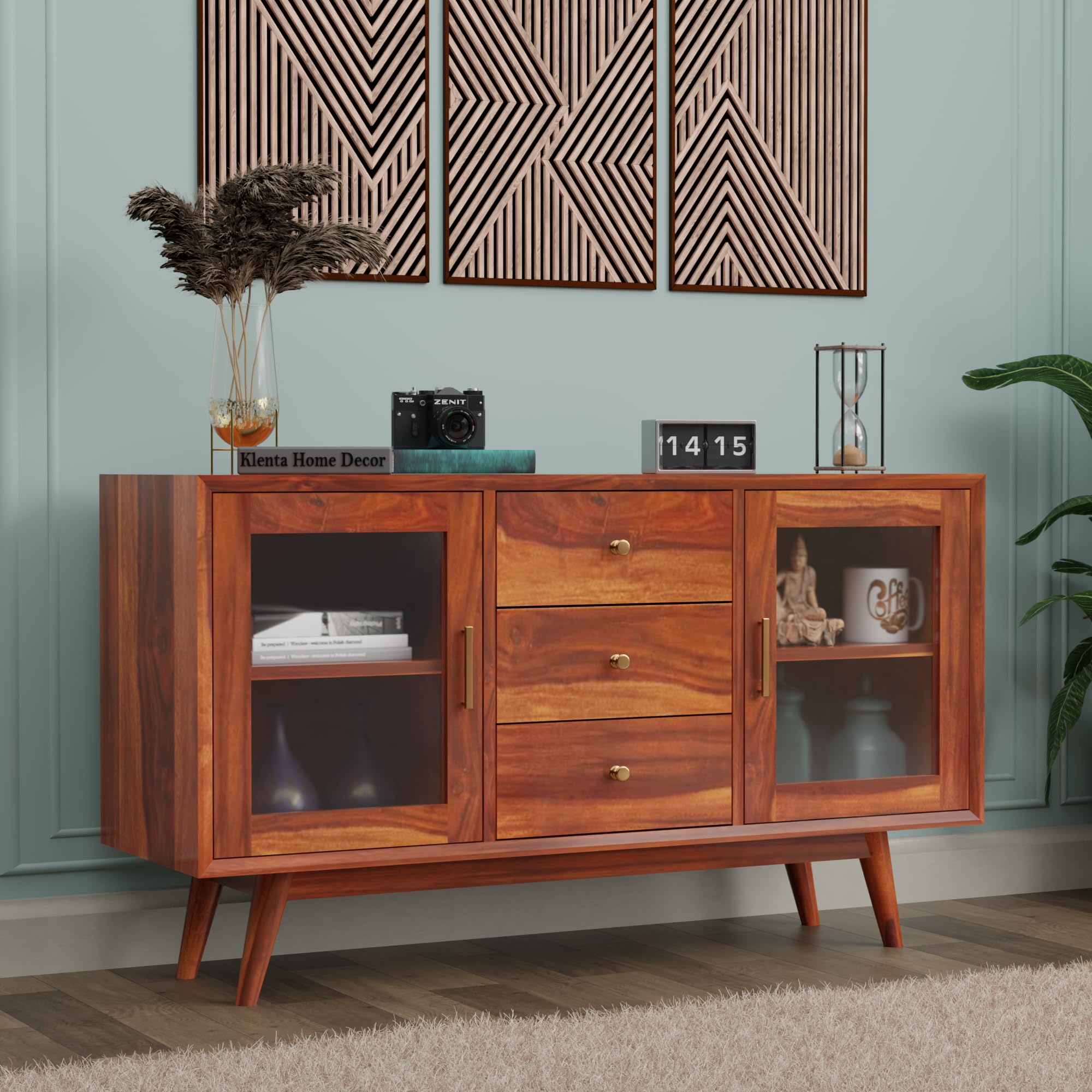 CRAFTJAR Sheesham Wood Sideboard Console Cabinet for Living & Drawing Room | Entrance Crockery Cabinet for Dining, Office & Lounge Area | Storage Type: 2 Glass Doors & 3 Drawers, Natural Finish-image-17