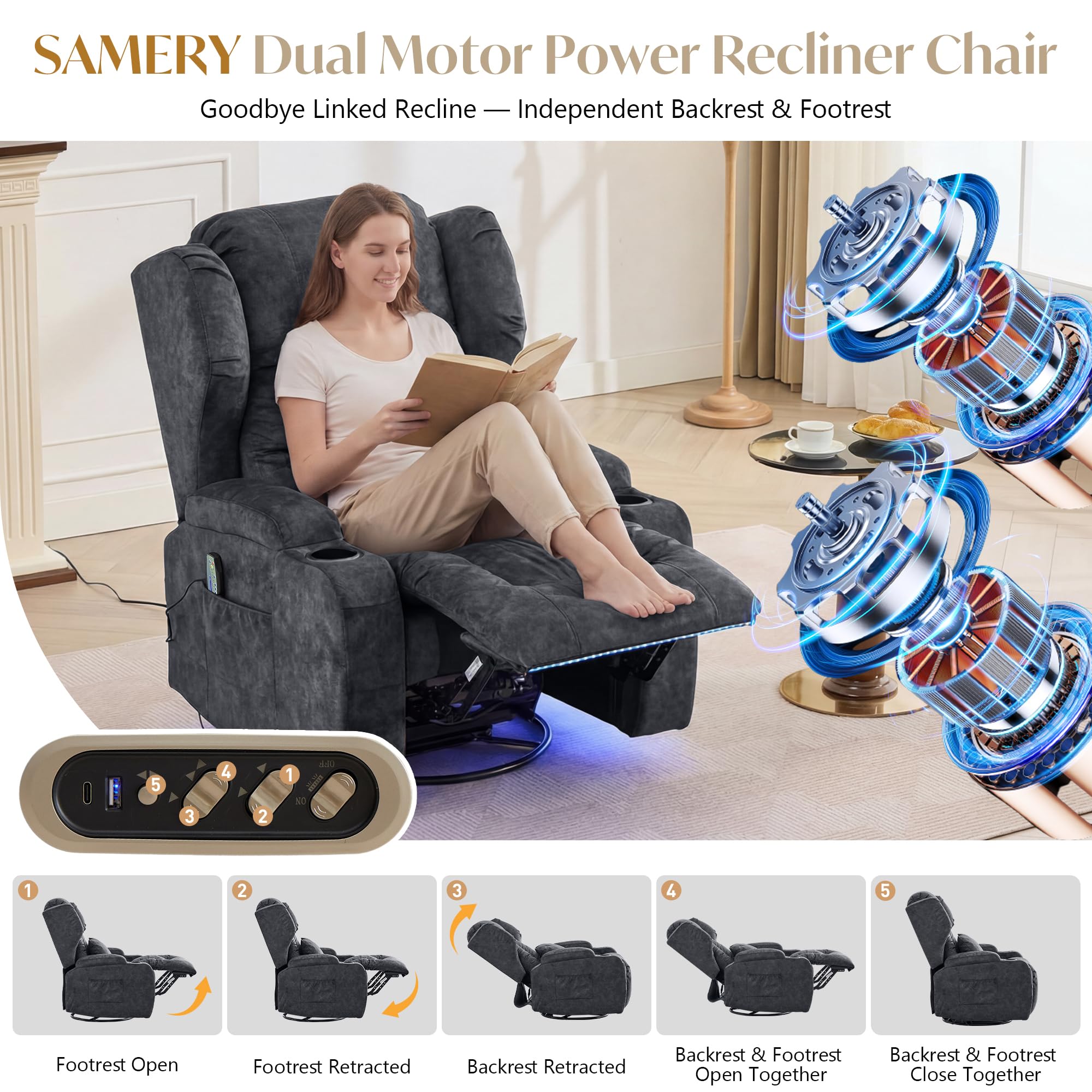 SAMERY Doppelmotor Fernsehsessel Elektrisch Verstellbar, Samt Relaxsessel mit Liegefunktion, 240° Drehbar, 30° Wippbar, Massage Heizung, USB/USB-C/LED – Kinosessel TV Sessel Sofa Chair für Wohnzimme