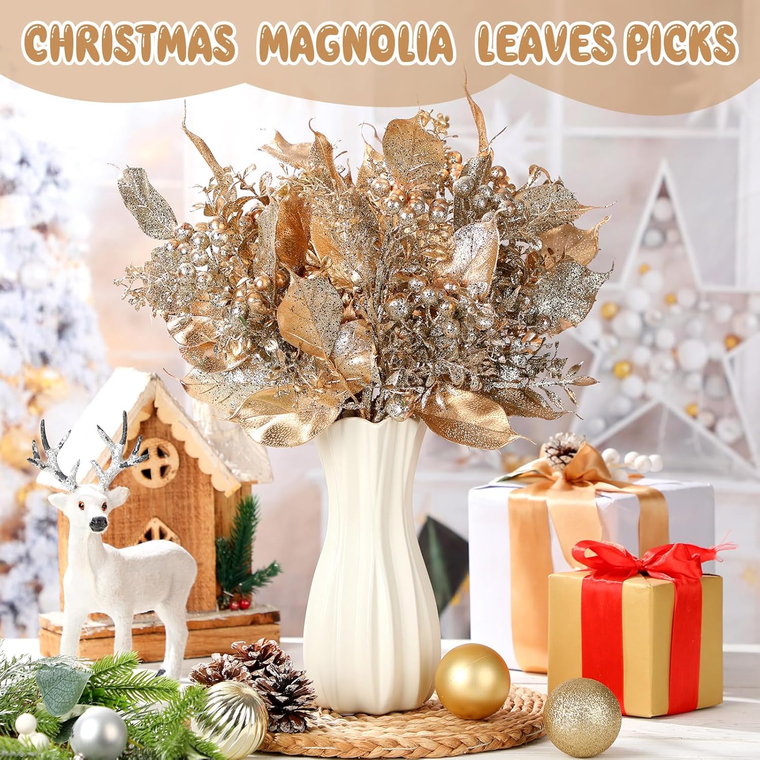 クリスマス マグノリア ピック 6個 16インチ シャンパン クリスマス ツリー ピック グリッター ゴールド 人工マグノリア 花