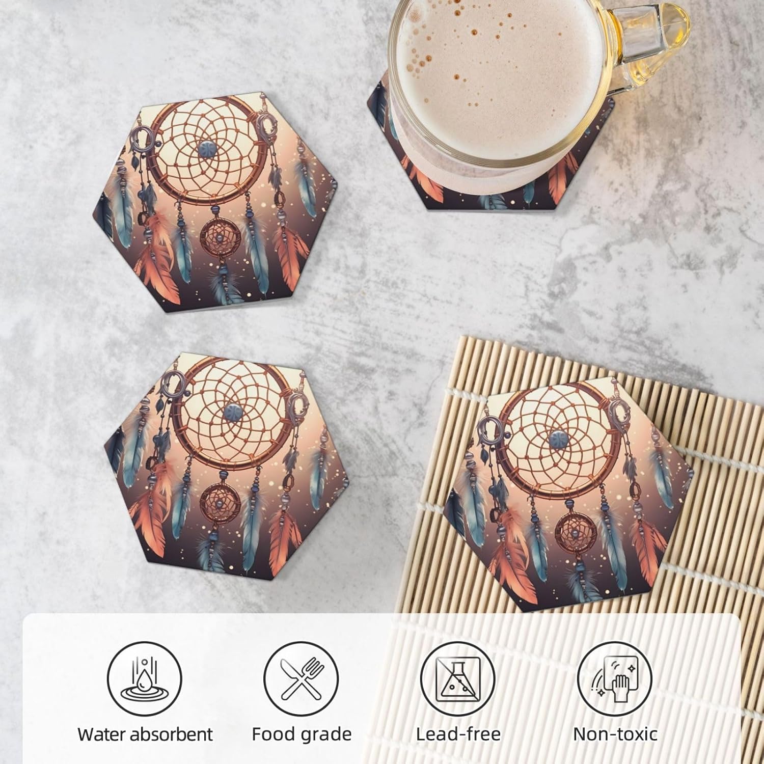 Drink Coasters Set of 4, Ceramic Drink Coaster for Kinds of Cups, Native American Dream Catcher Coasters for Drinks Tabletop Protection, Absorbent Cup Coaster for Coffee Table Home Decor