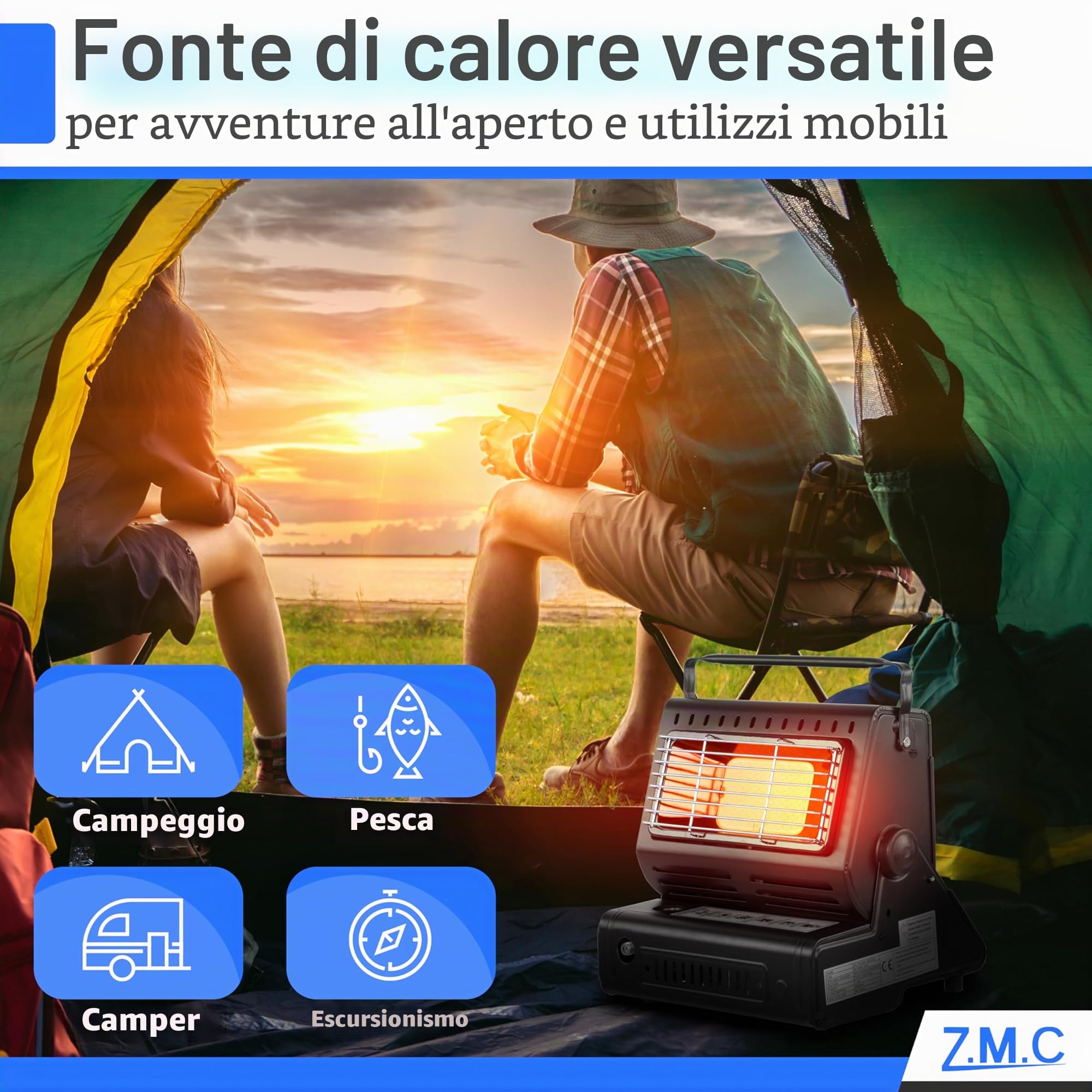 Z. M.C 2-in-1 Riscaldamento a Gas e Fornello a Gas con LPG Collegamento + 4 Cartucce di Gas 227g, Campeggio Riscaldamento 1,3 kW, Stufa per Esterno con Bruciatore Piezo